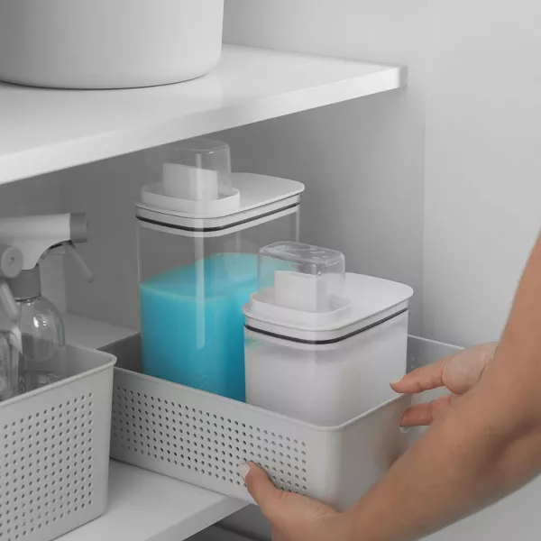 OU 50oz Laundry Detergent Dispenser w Measuring Cap, Liquid Soap & Fabric Softener Dispenser w/ Internal Drip Return Lid