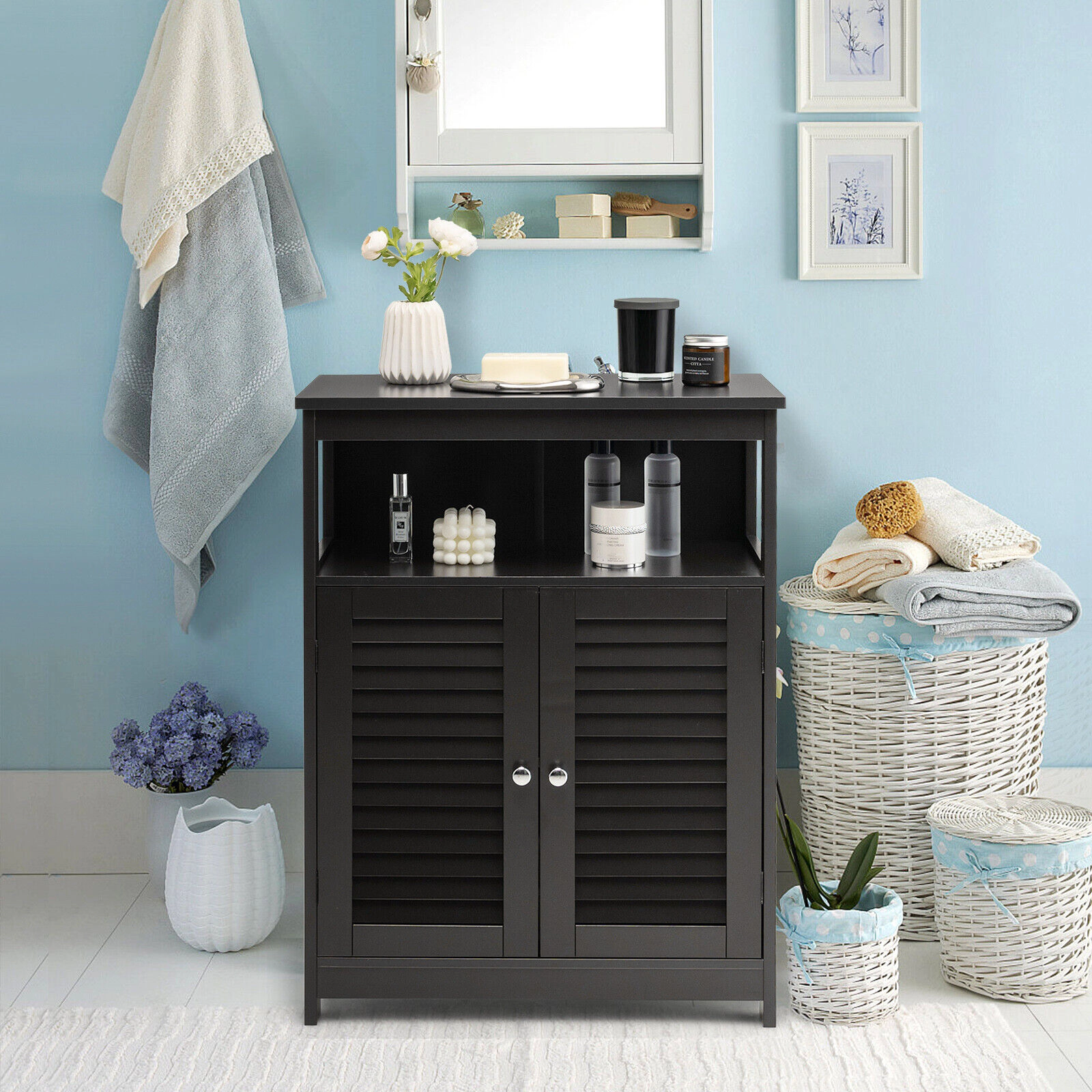 SlickBlue Freestanding Bathroom Cabinet with Open Shelves and Doors