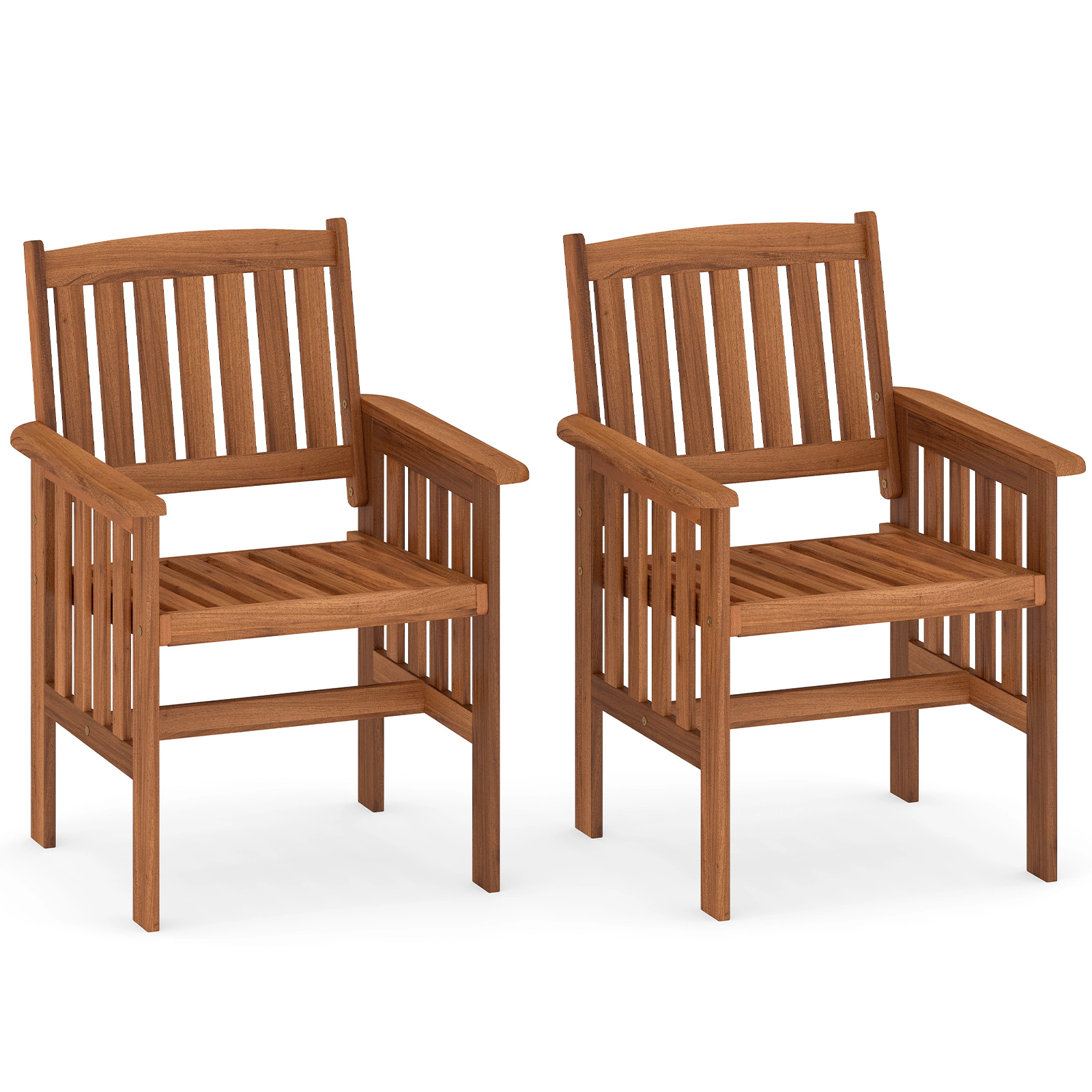 SUGIFT Set of 2 Solid Wood Patio Chairs with Armrests Slatted Seat Inclined Backrest 300-lb Capacity Natural