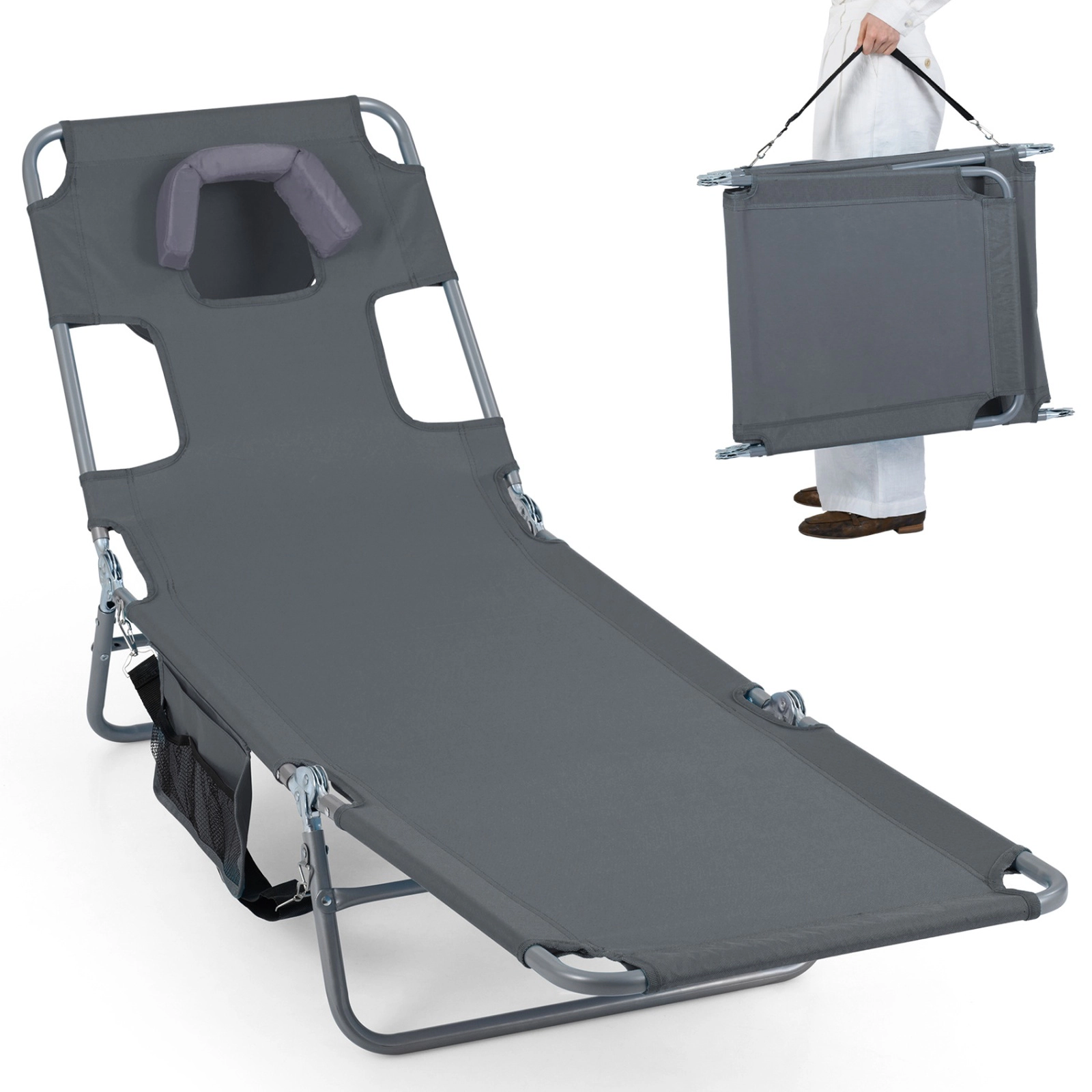 SUGIFT 5 Backrest Angles Face Hole Arm Slots and Carry Strap 330-lb Folding Beach Lounge Chair