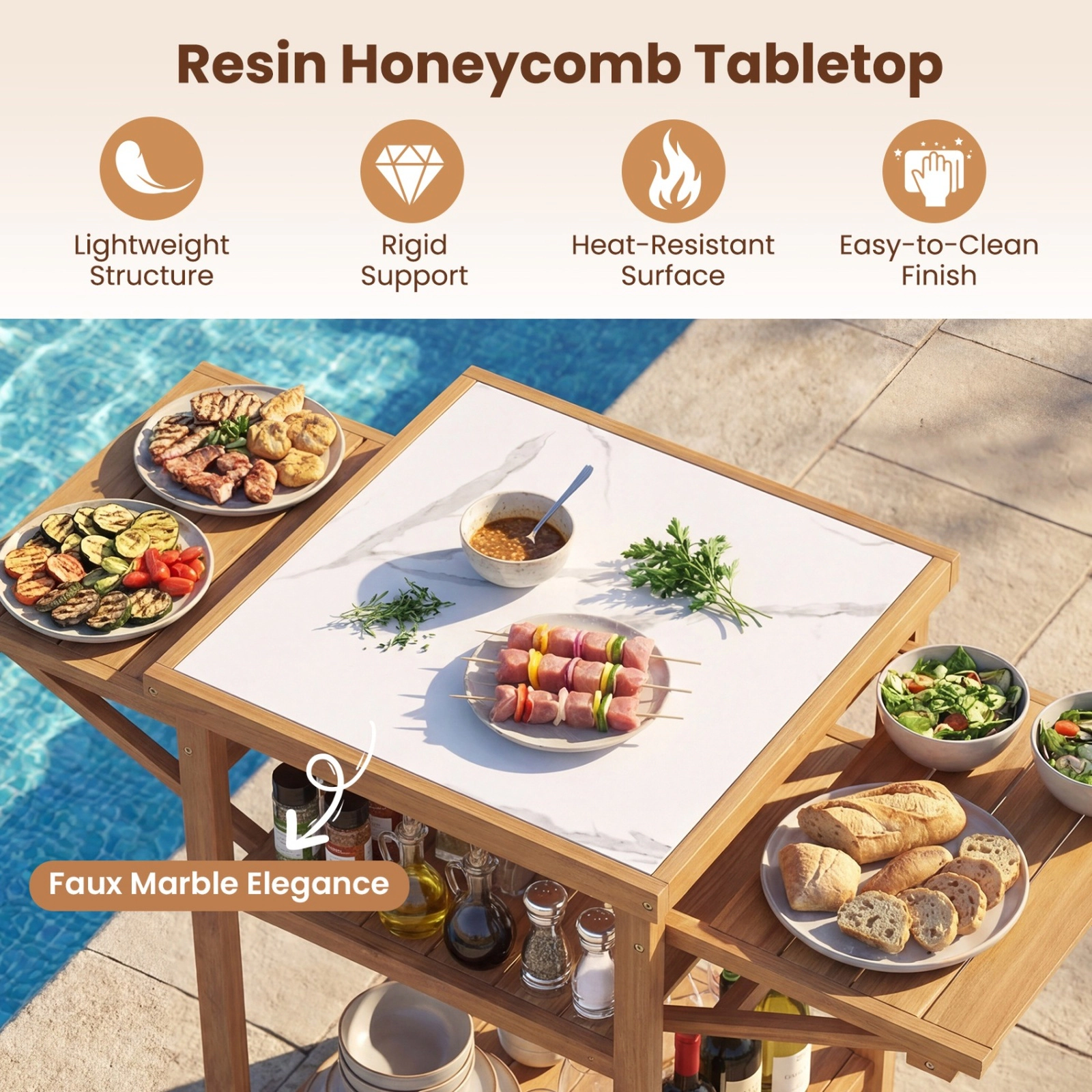 SUGIFT Outdoor Grill Table with Faux Marble Top and Drop-Leaf Side Panels 165-lb Tabletop Capacity Natural
