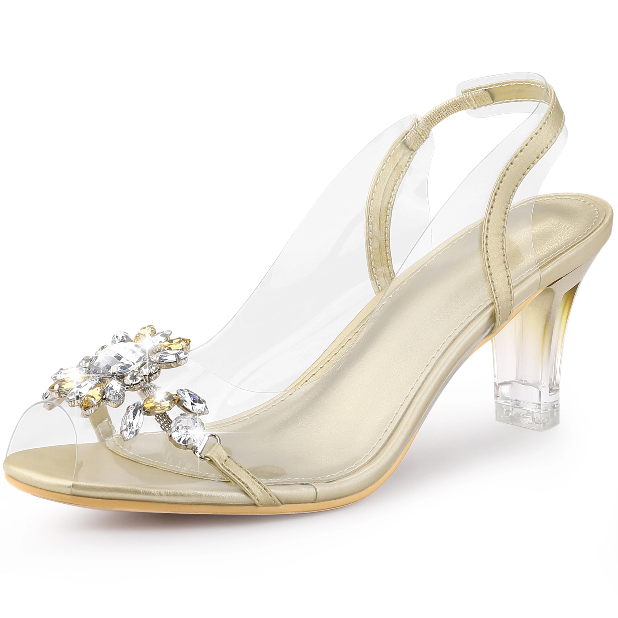 BLISSFUL STEP Womens Peep Toe Flower Rhinestone Clear Chunky Heels Cinderella Glass Sandals