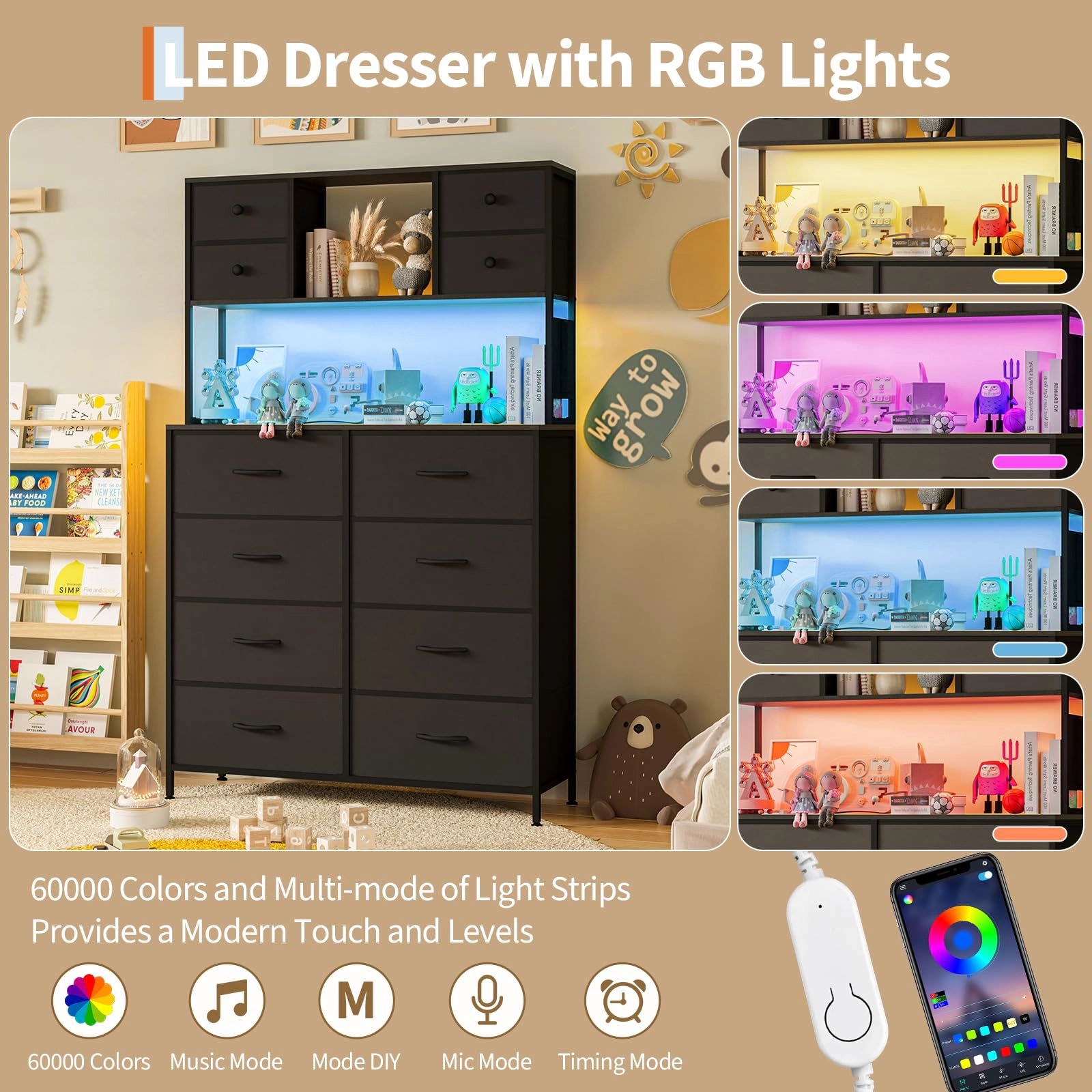 12 Drawer Fabric Dresser with LED Lights, Power Outlet & Open Shelves, Wood Top Metal Frame