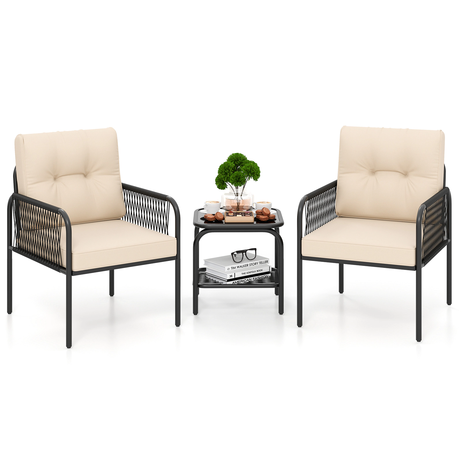 LJG 3 Pieces Patio Bistro PE Outdoor Wicker Rattan Furniture Conversation Set