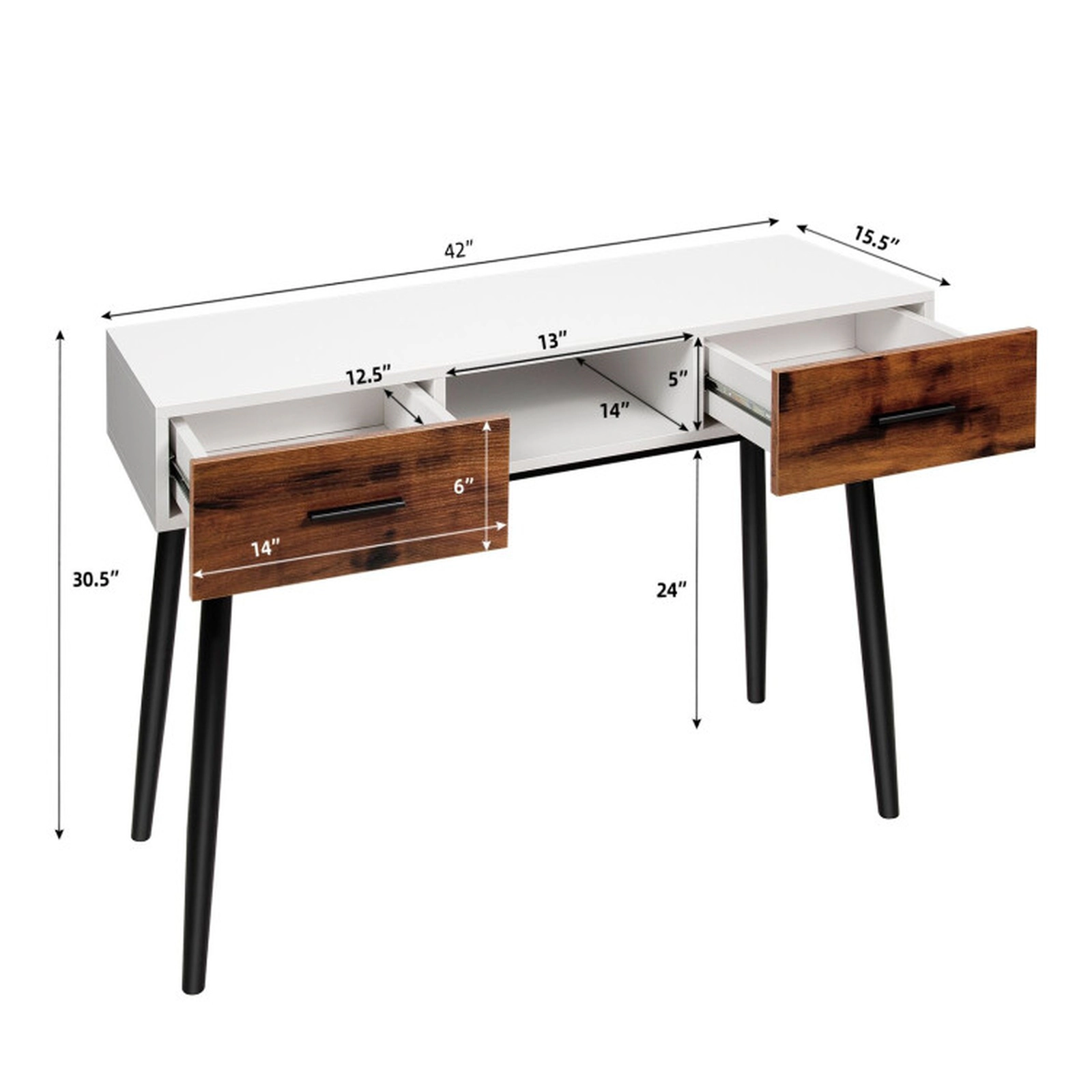 SUGIFT 42-in Industrial Console Table with 2 Drawers and Open Shelf 88-lb Capacity Black White Brown