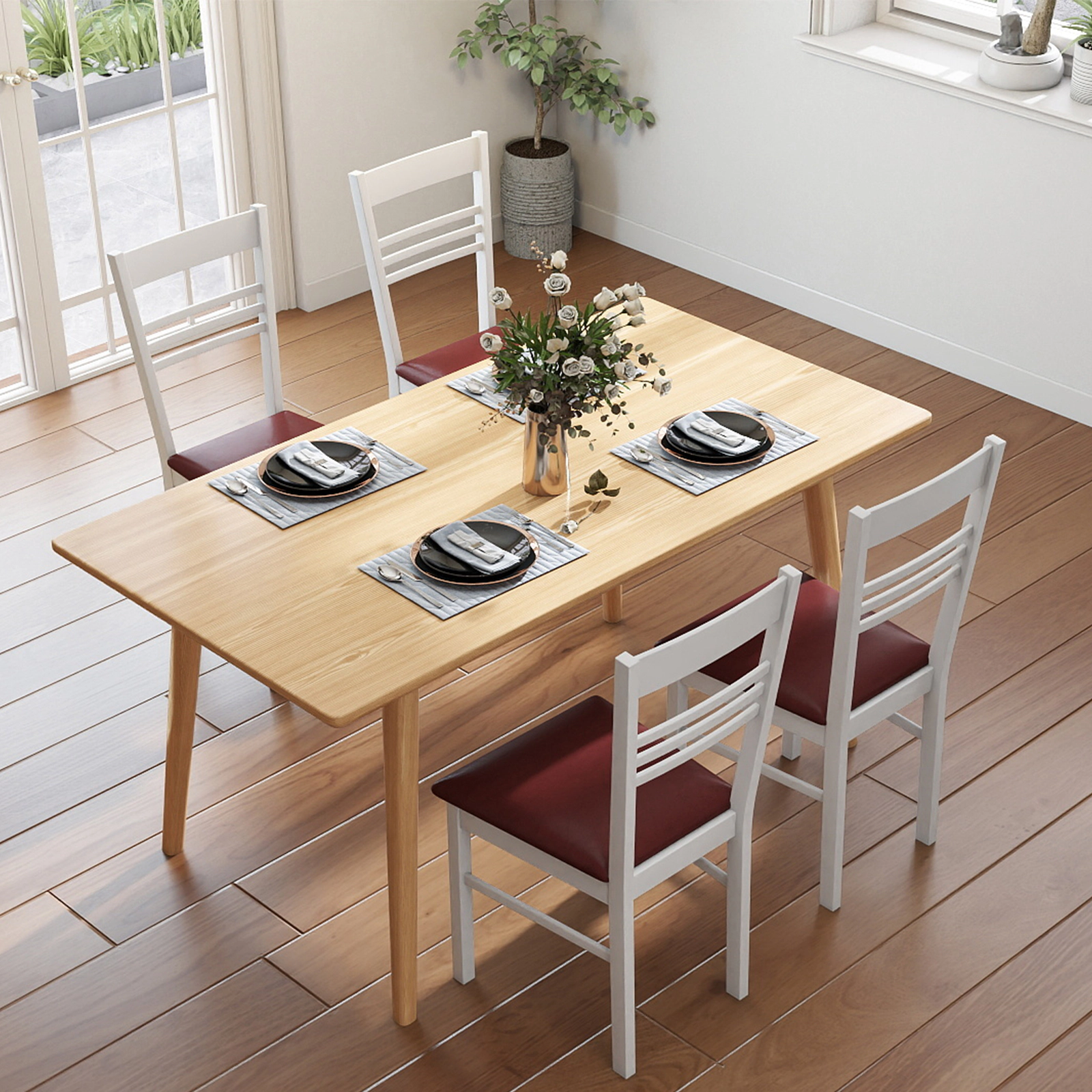 SUGIFT High-Back Rubber Wood Dining Chairs Set of 4 with Upholstered Seat 330-Lb Capacity White Frame Brown Seat