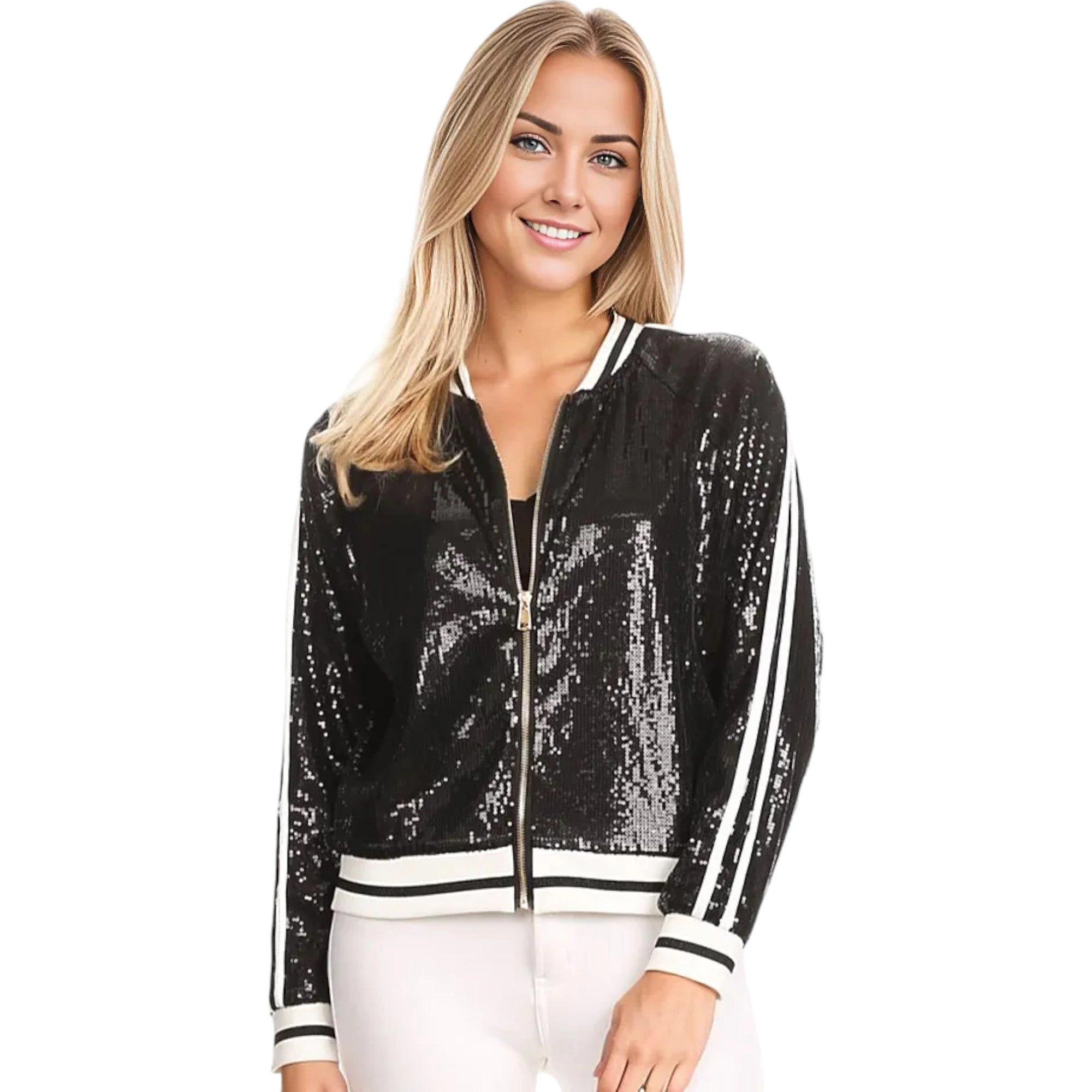Anna-Kaci Women's Striped Long Sleeve Metallic Sequin Varsity Jacket