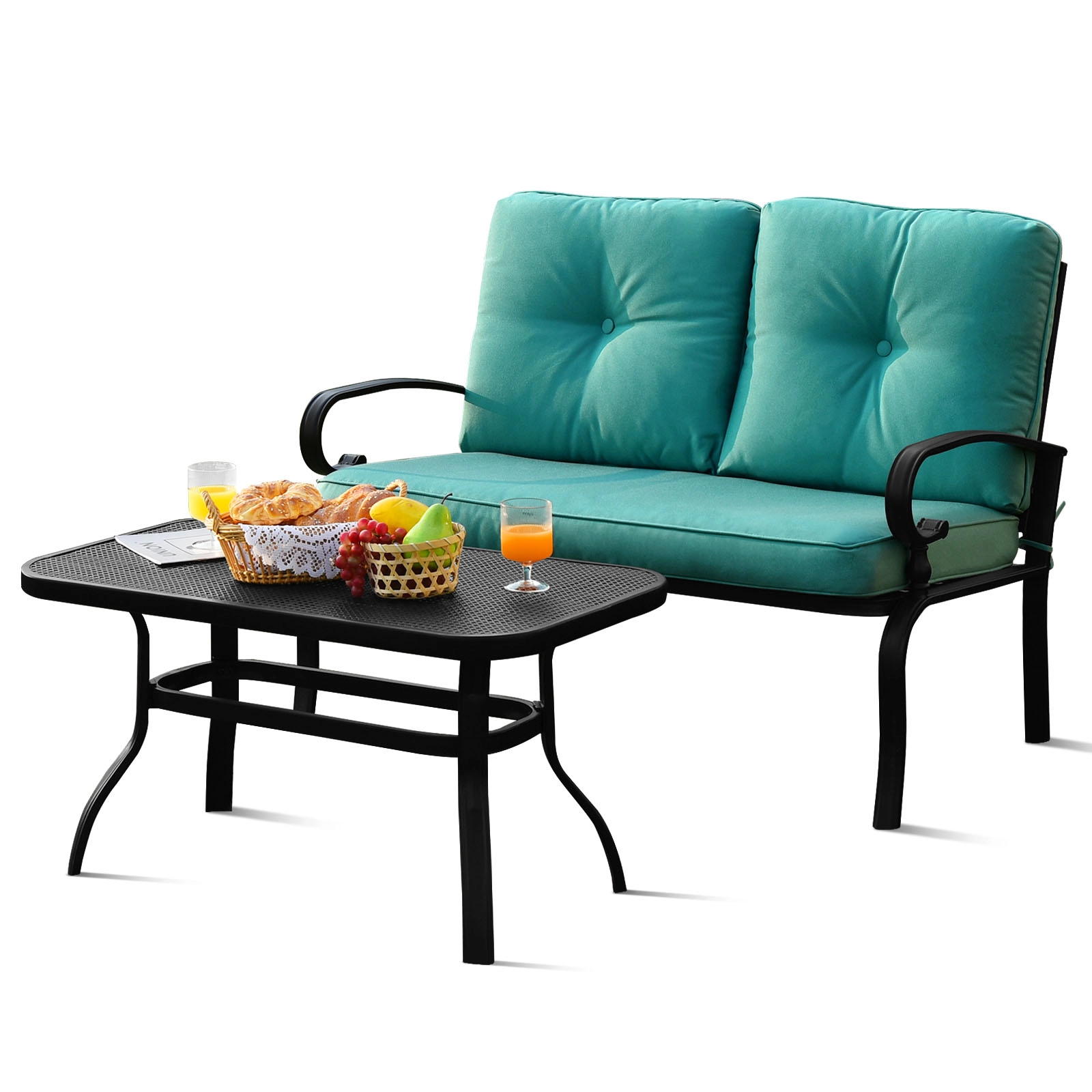 SUGIFT 2-Piece Black Steel Patio Loveseat and Coffee Table Set