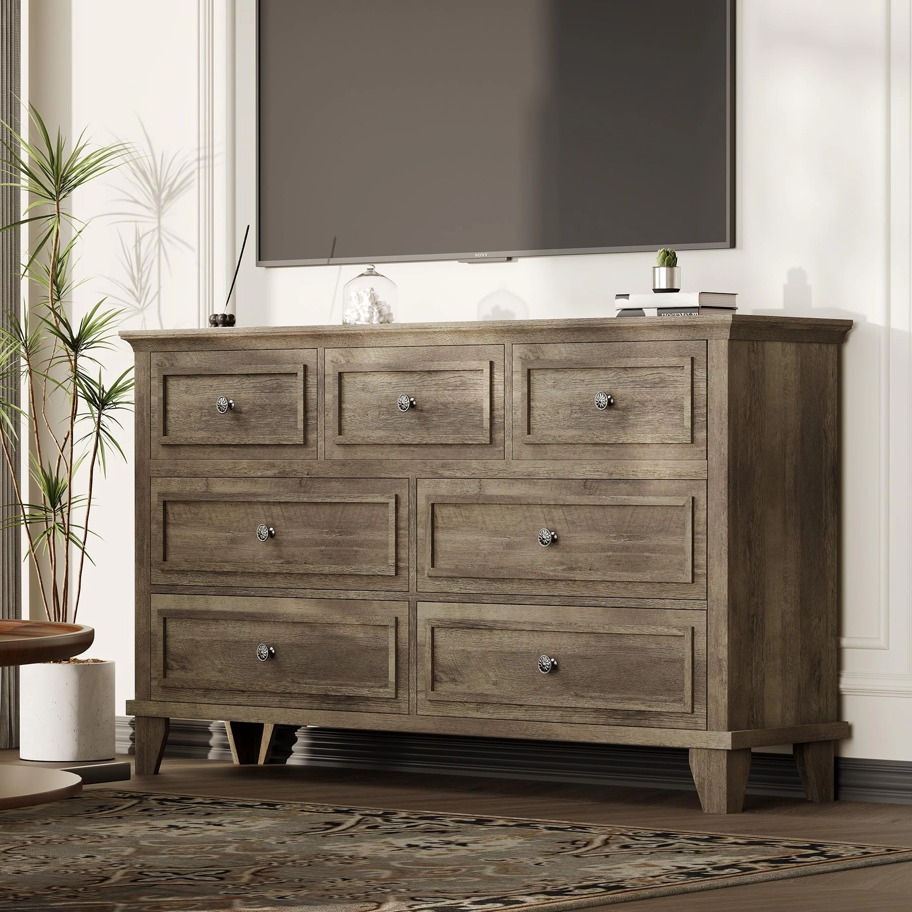 7 Drawer Dresser for Bedroom, Wooden Chest with Vintage Handles, 47" Long TV Stand & Storage