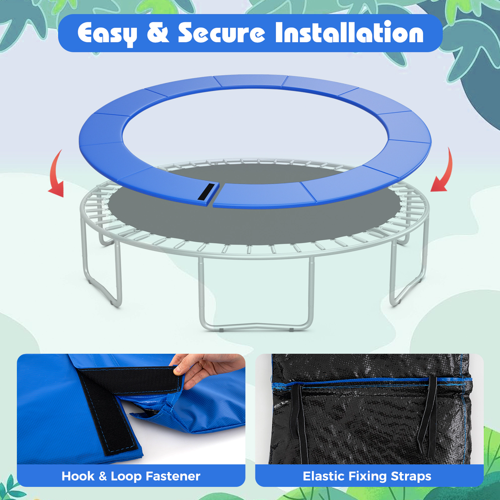 12-ft Trampoline Safety Pad Replacement Fixing Straps Split Spring Cover 11.8-in Wide Anti-Tear Waterproof Blue
