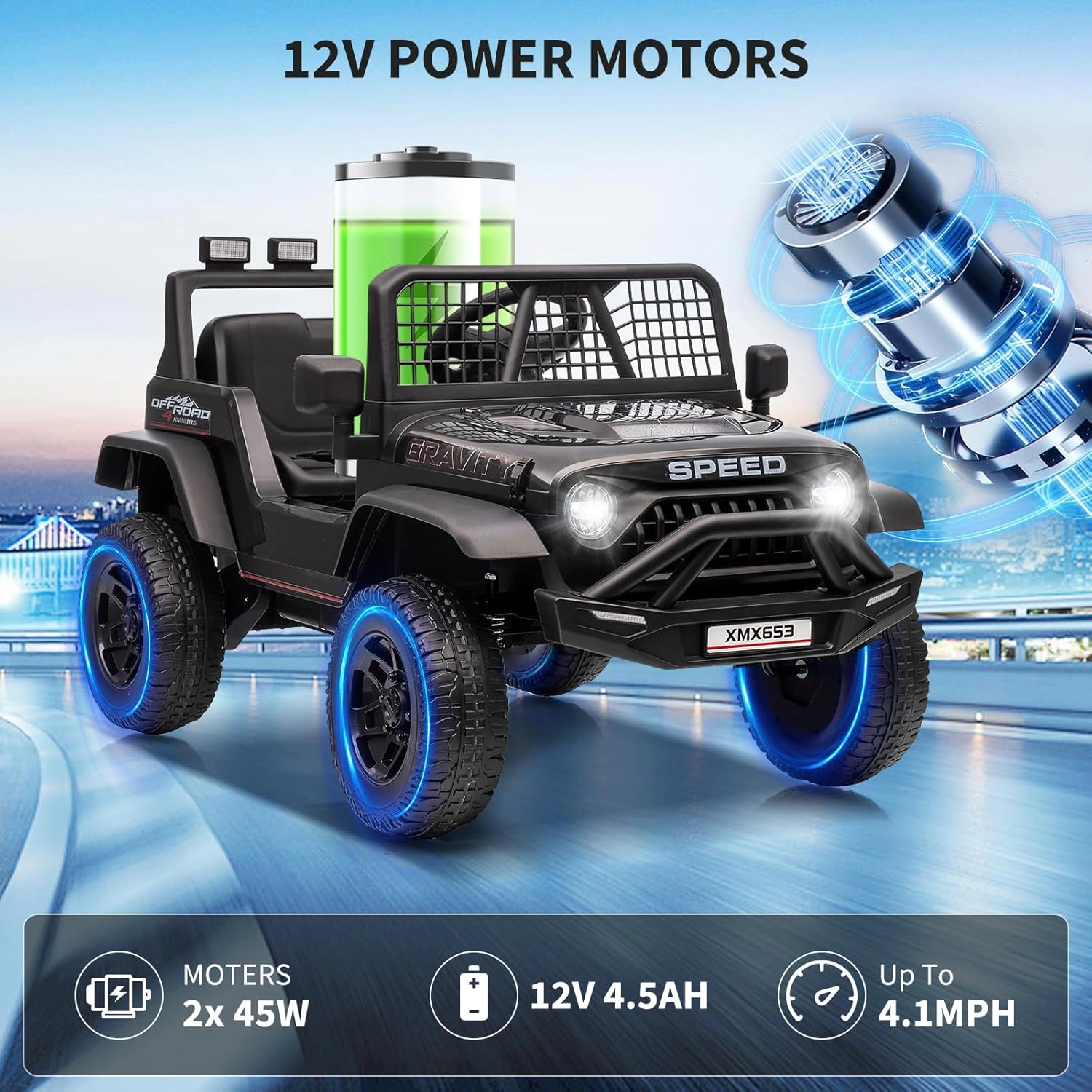 Enjyam 12V Kids Ride On Truck, Electric Car Toy with Extra Wide Seat & Legroom, Remote Control,3 Speeds,LED Lights,