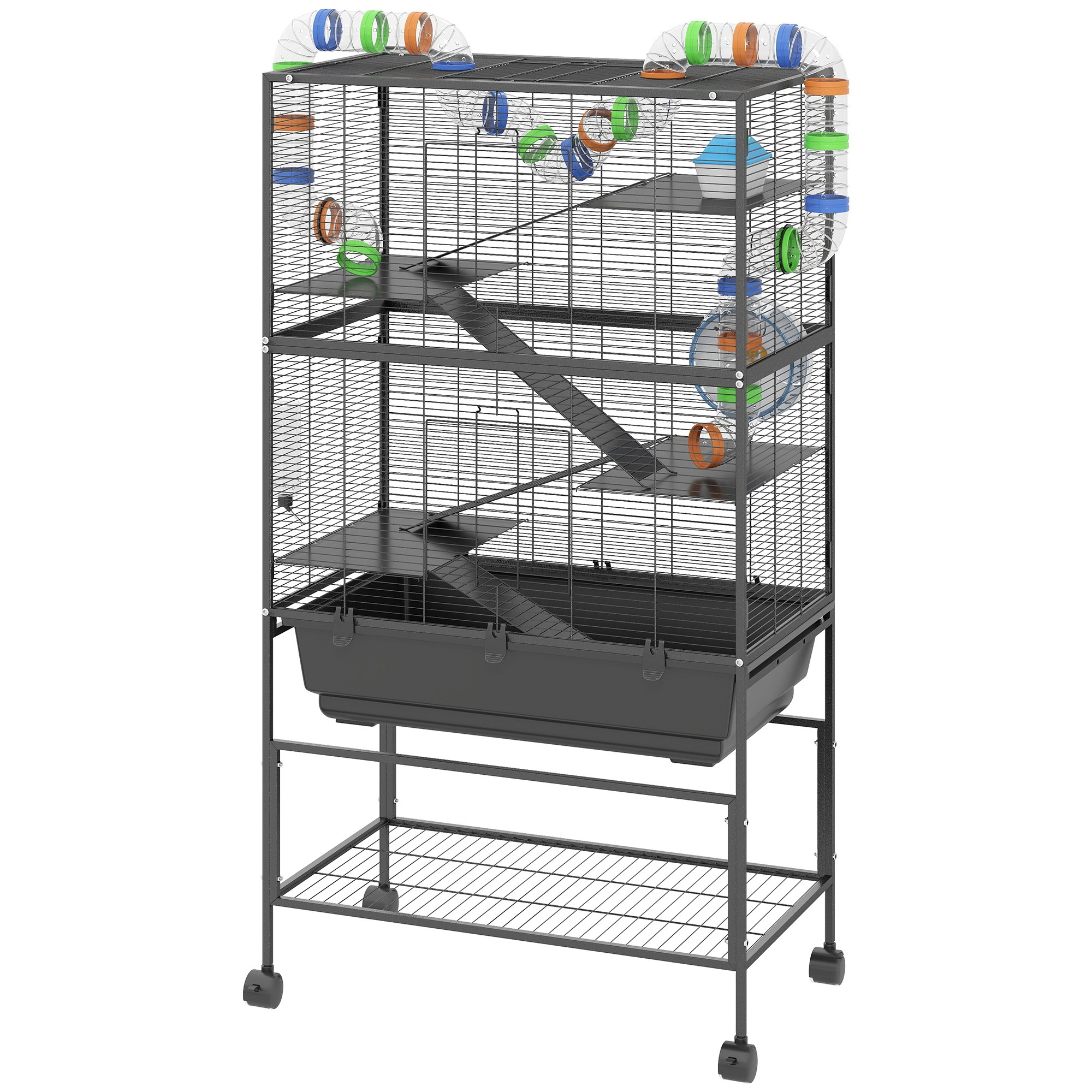 HONGGE Hamster Cage Rolling Rat Cage with Deep Tray Storage Shelf Big Exercise Wheel Hut Tube System