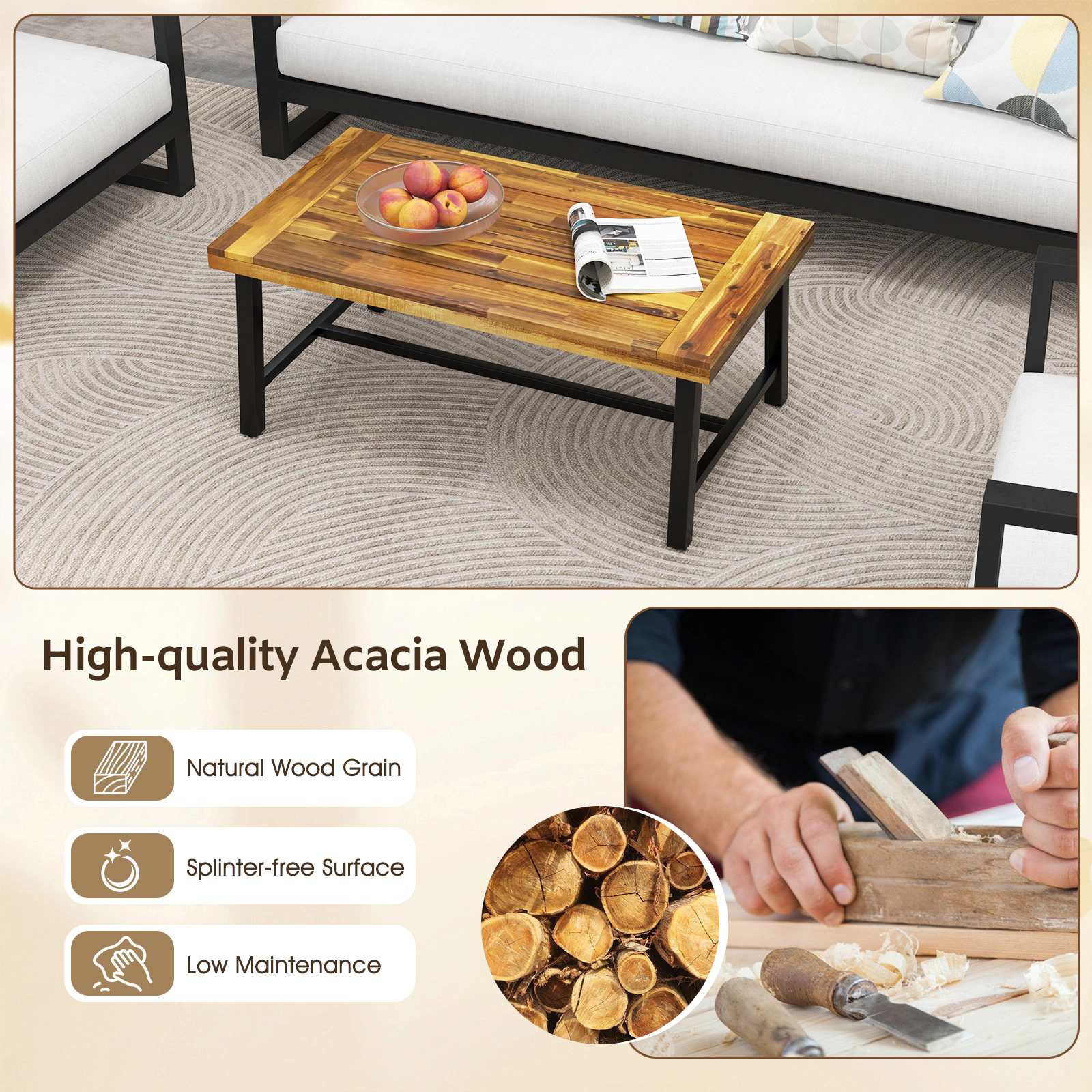 SUGIFT Thick 2-in Top Acacia Wood Coffee Table with Heavy-Duty Metal Legs 165-lb Capacity Natural + Black