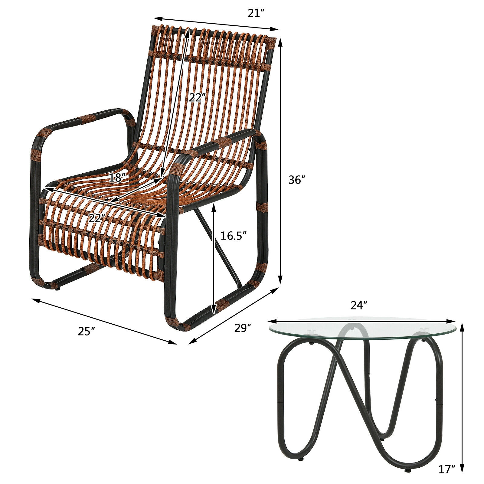 SUGIFT 3-Piece Patio Rattan Conversation Set with 2 Single Chairs & Glass Side Table 250-Lb Chair Capacity Brown & Black