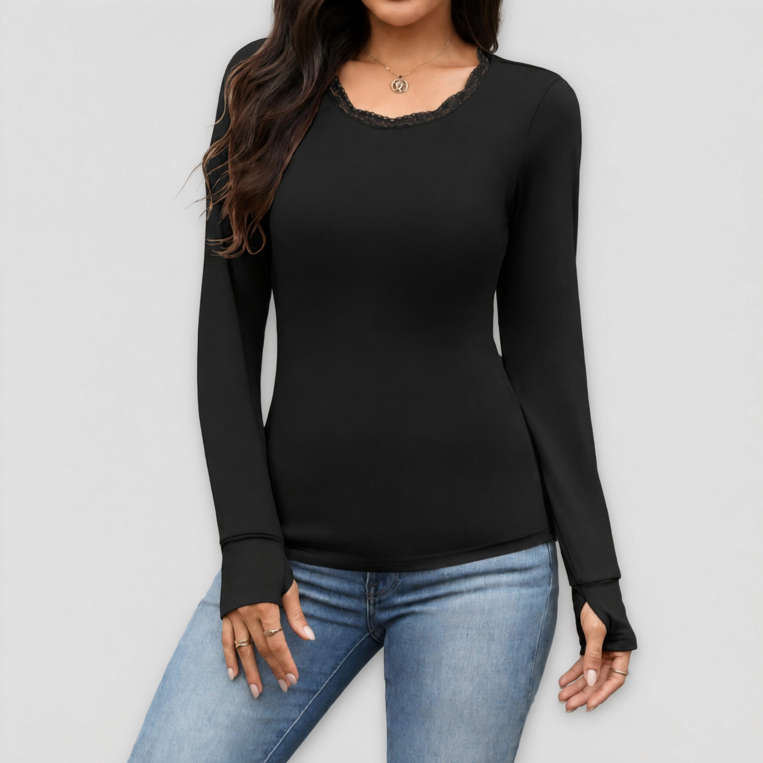 Ekouaer Women's Lace Trim Long Sleeve Thermal Base Layer Top