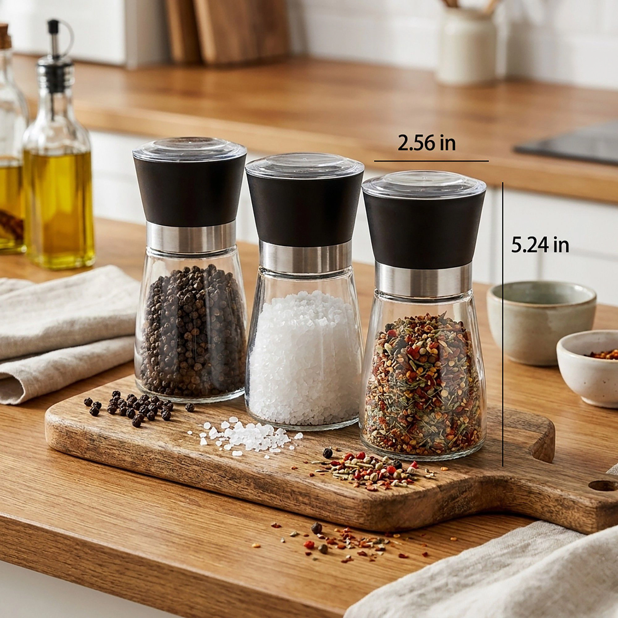 Alilang Unisex 2-Piece Glass Salt and Pepper Grinder Set with Stainless Steel Accent