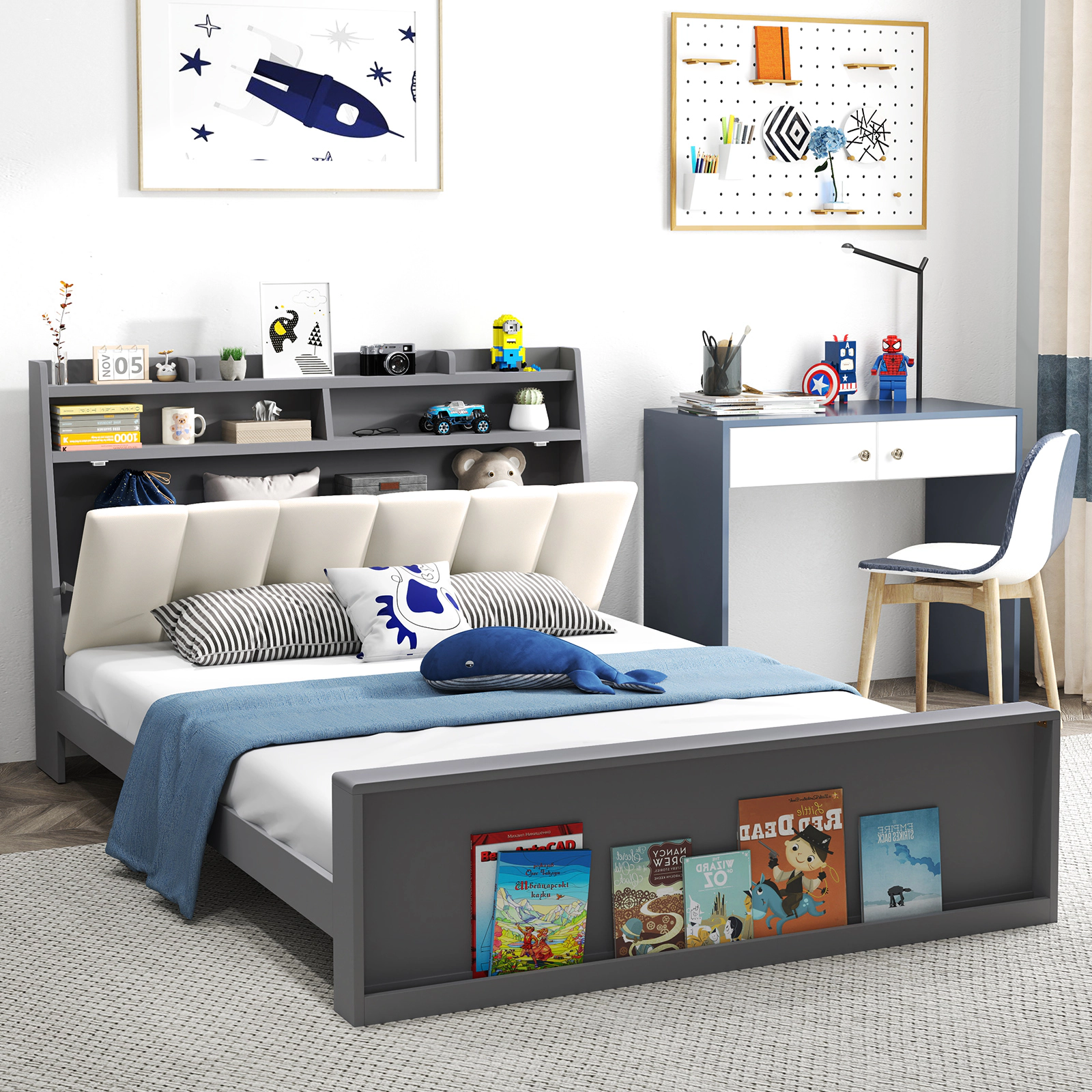 LJG Full Size Bed Frame with Storage Modern Platform Bed with Headboard