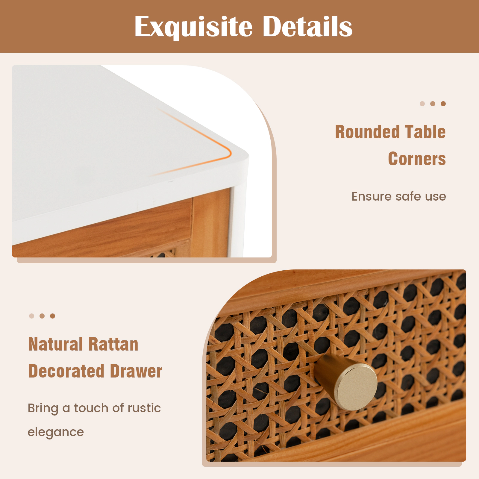 Hivvago Rattan Nightstand Mid Century Modern Accent Table with Drawer