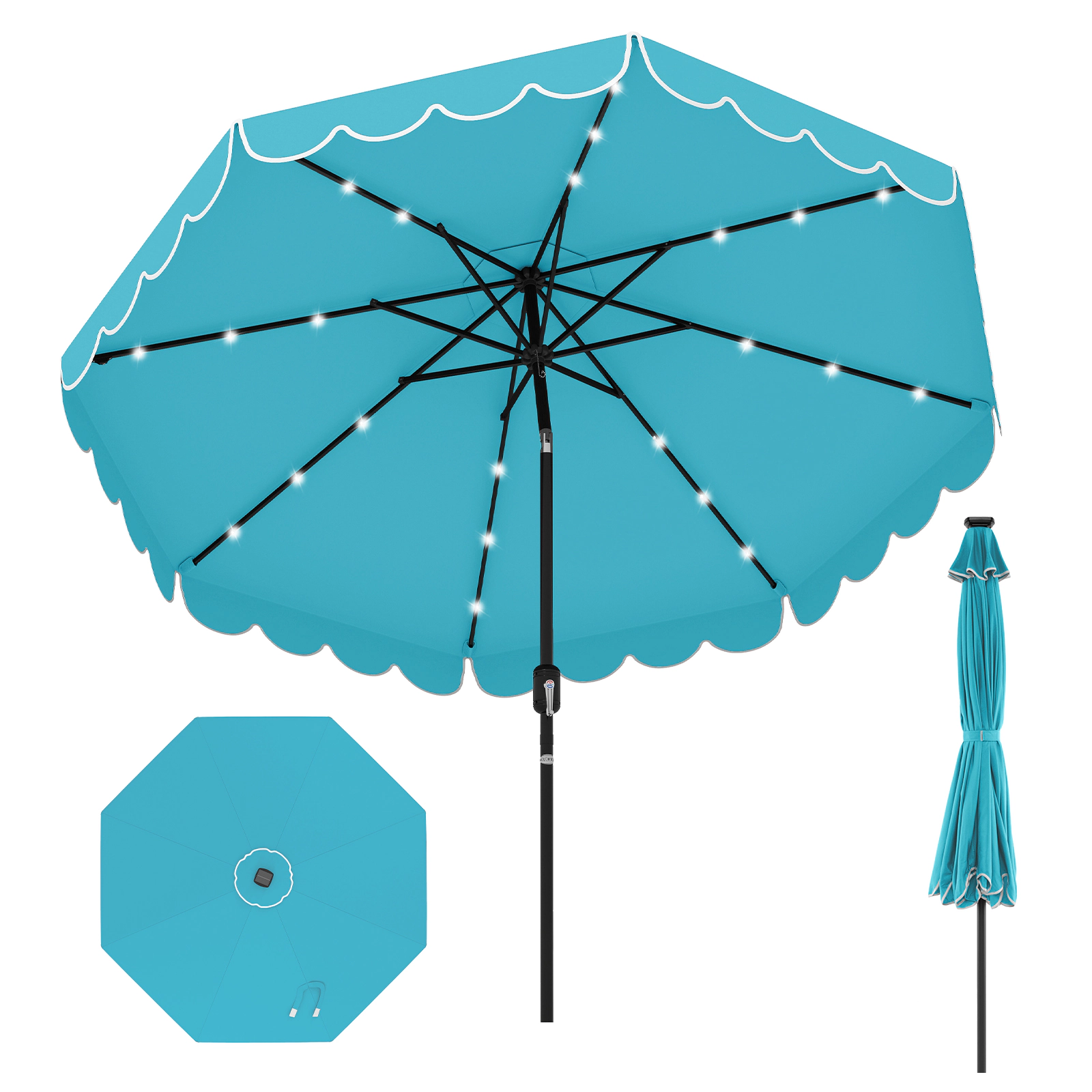 SUGIFT 9.3-ft Solar Patio Umbrella with 24 LED Lights Vented Ruffled Polyester Canopy 16-lb Metal Frame Turquoise