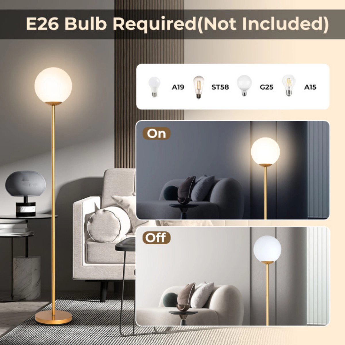 SUGIFT Glass Globe Shade Foot Switch Weighted Base Modern Floor Lamp 65-in Tall 9-in Diameter 60W Max E26 Golden