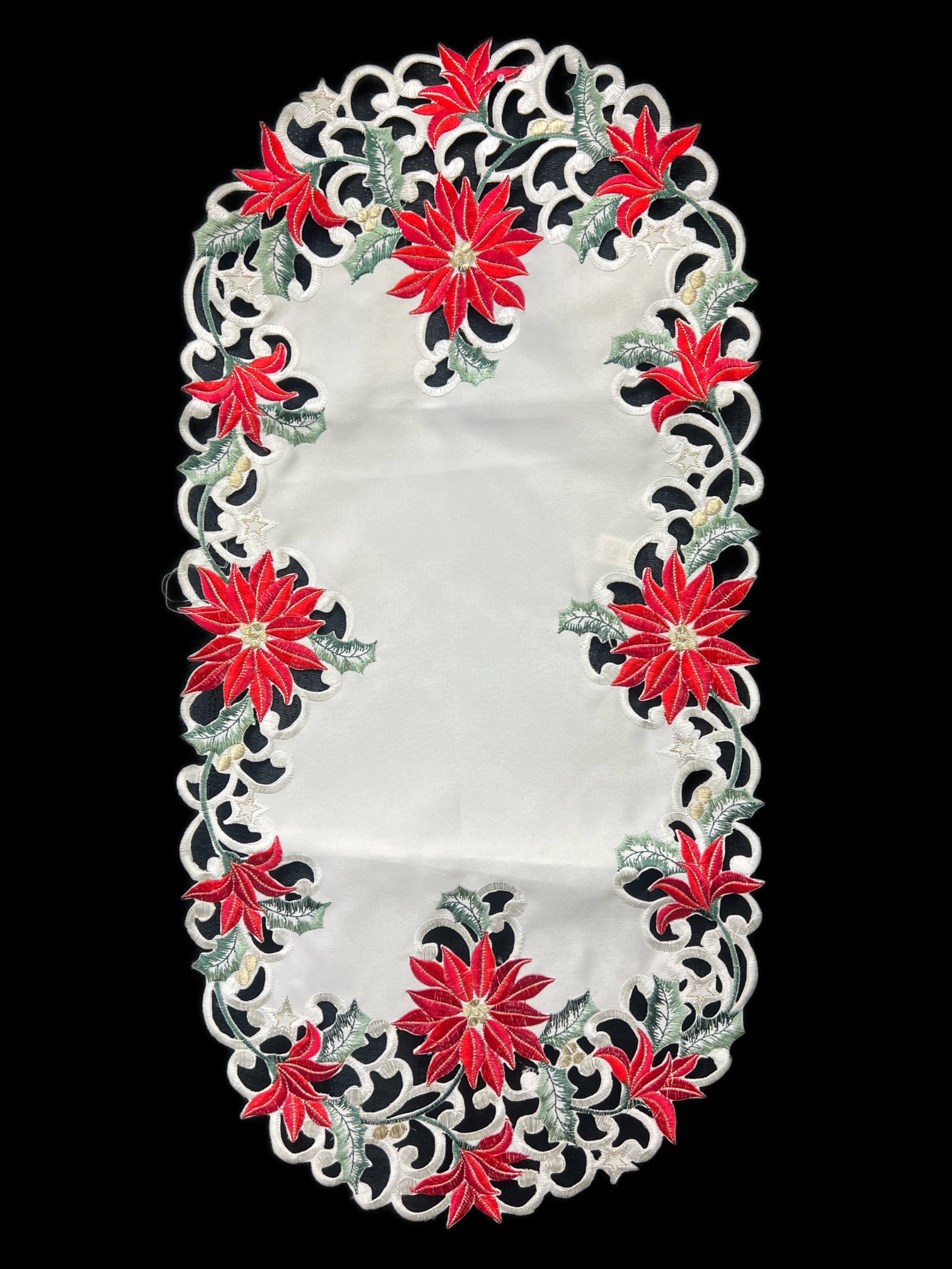 Jiallo Christmas Poinsettia Embroidered Cutwork Rectangular Table Runner, 15 by 70  inch