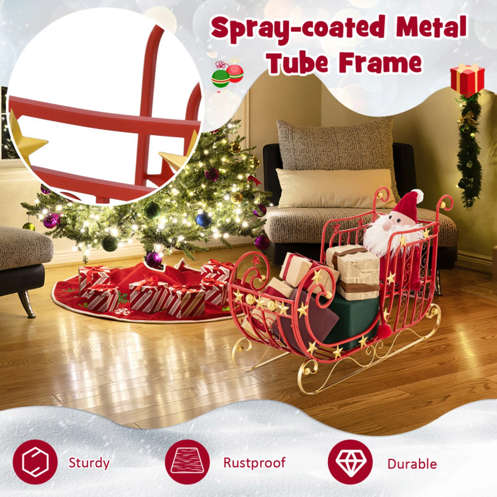 SUGIFT Red and Gold Metal Christmas Santa Sleigh Decor with Large Cargo Area 39-in W 14-in D 24-in H