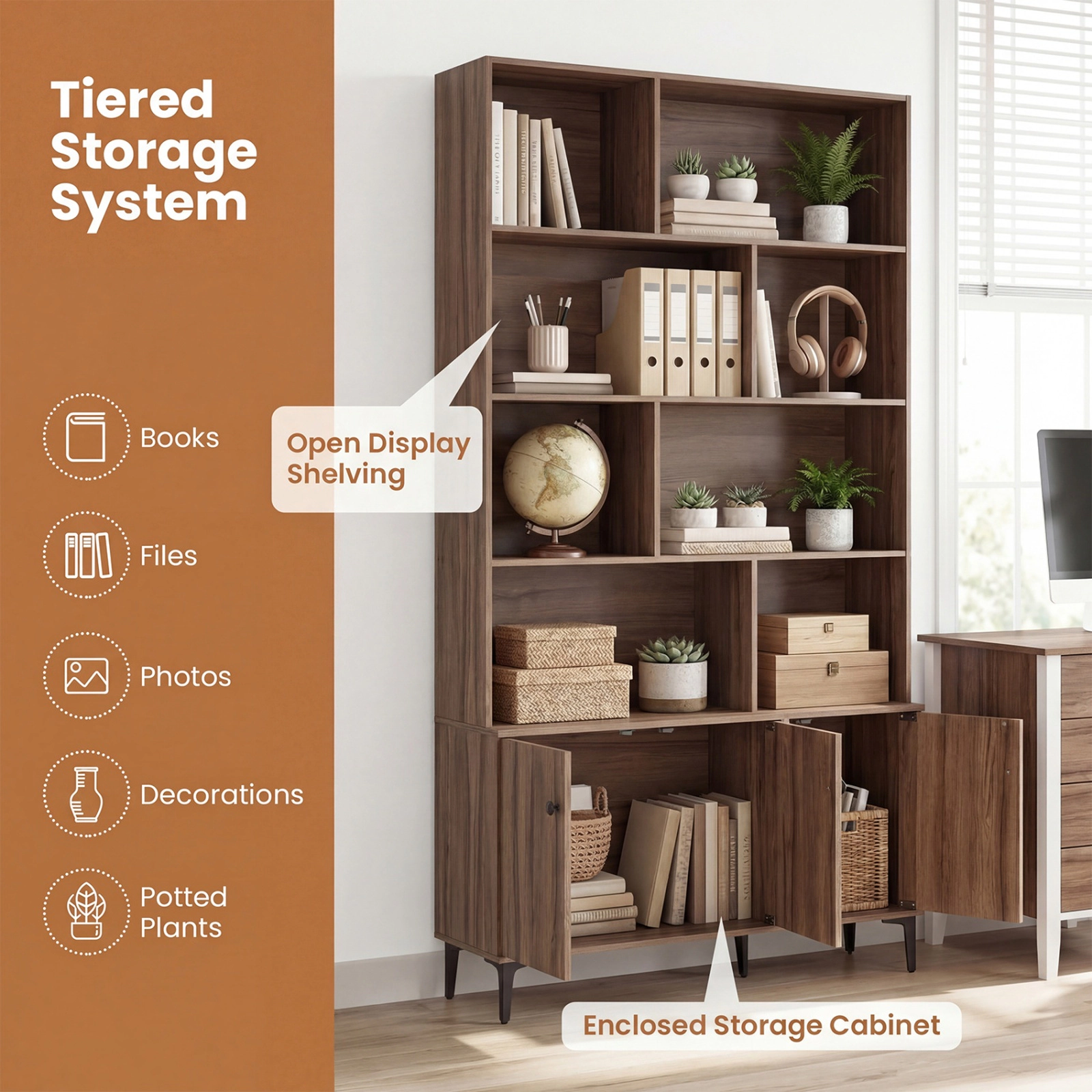 SUGIFT 68.5-in Tall Bookshelf with 3 Doors Open Shelves & Enclosed Cabinet 22-lb Shelf Capacity Home Office Walnut/White