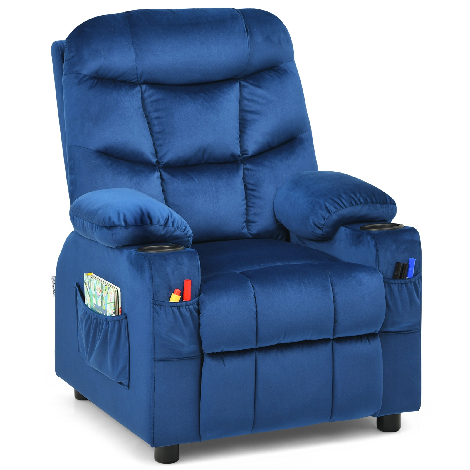 SUGIFT Light Blue Cup Holder and Retractable Footrest Velvet Kids Recliner Chair