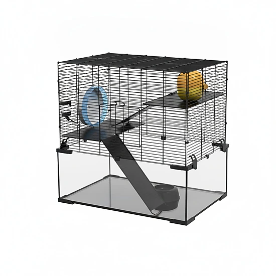 HONGGE Hamster Cage Gerbil Cage with Glass Basin for Small Hamsters Black