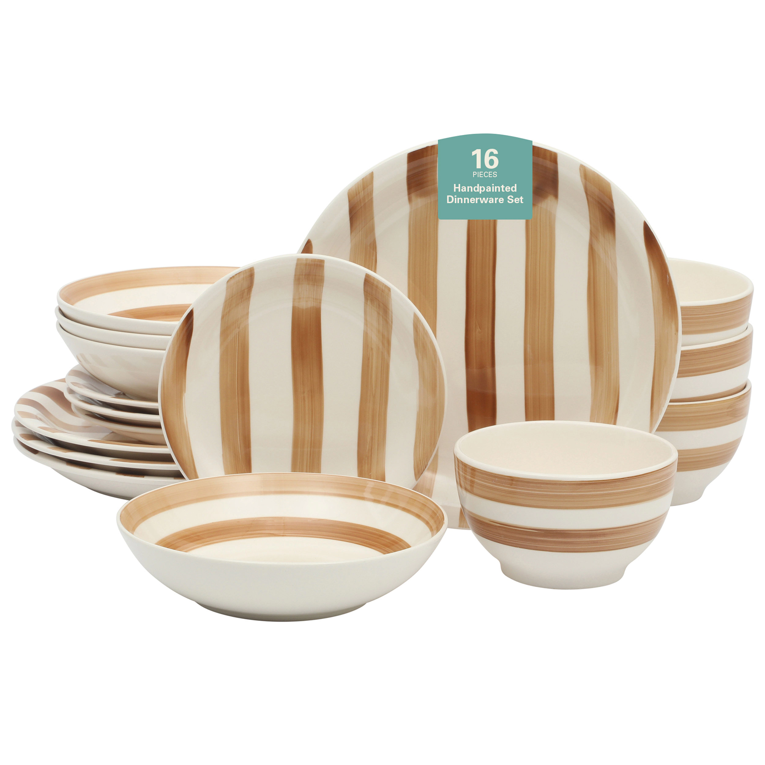 Gibson Home Kenwood Shore 16 Piece Round Stoneware Double Bowl Dinnerware Set in Brown