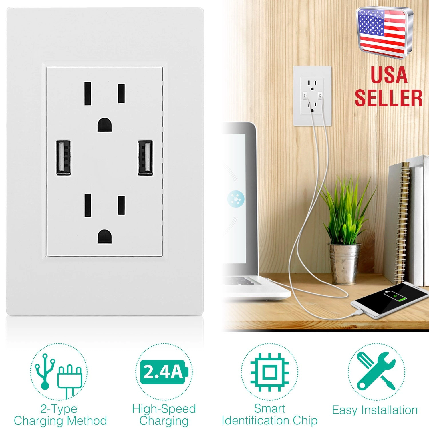 GBruno Dual USB Wall Outlet Charger