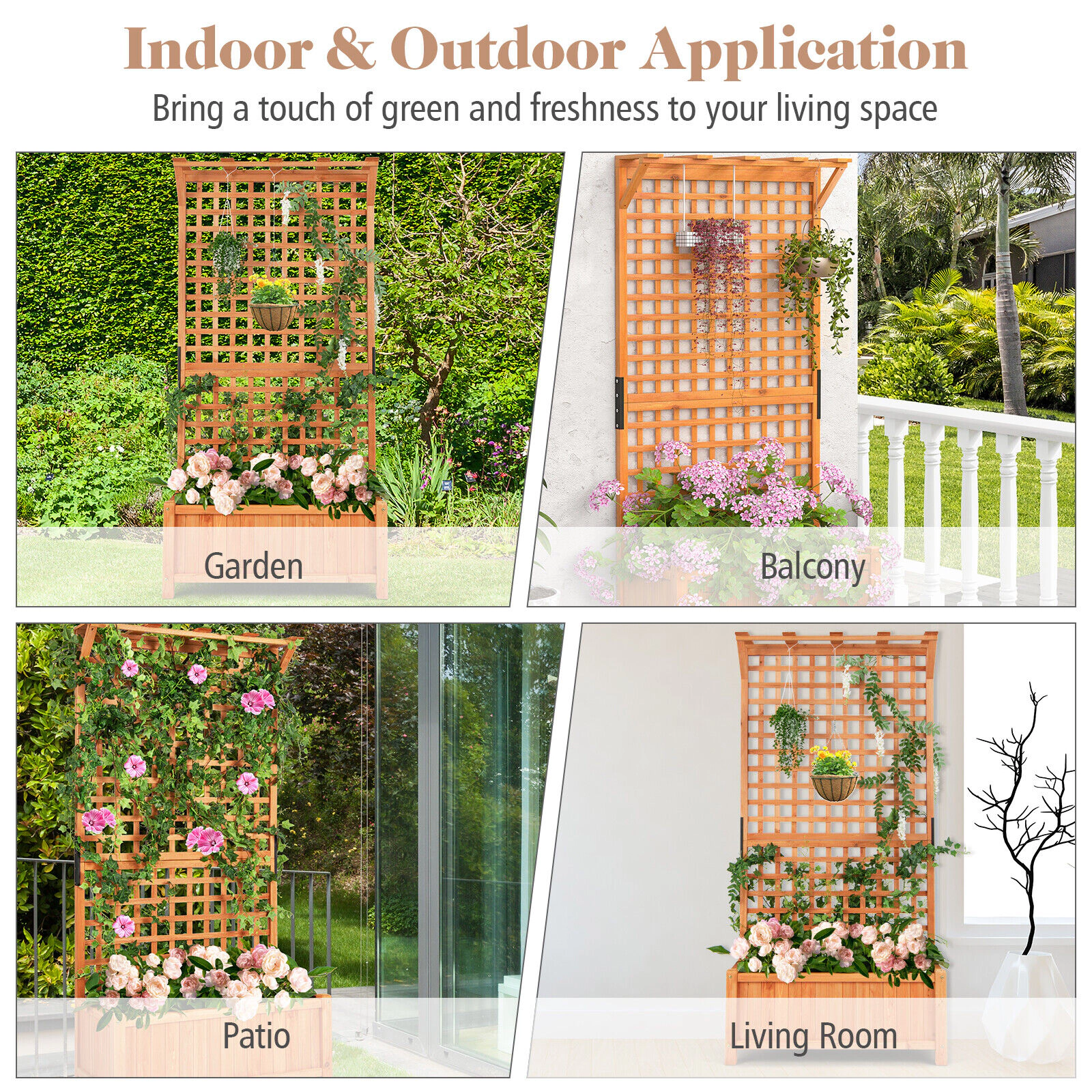 SlickBlue Wooden Planter Box with Trellis for Garden Vegetables Flowers