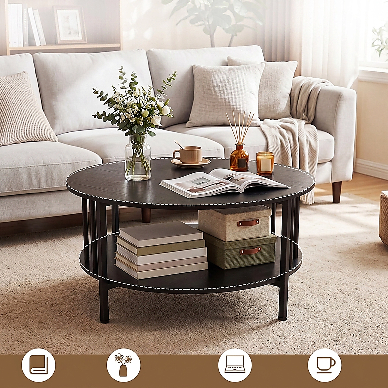 SUGIFT 2-Tier Round Coffee Table with Storage Shelf and Metal Accents 220-Lb Tabletop Capacity Black Walnut-Black
