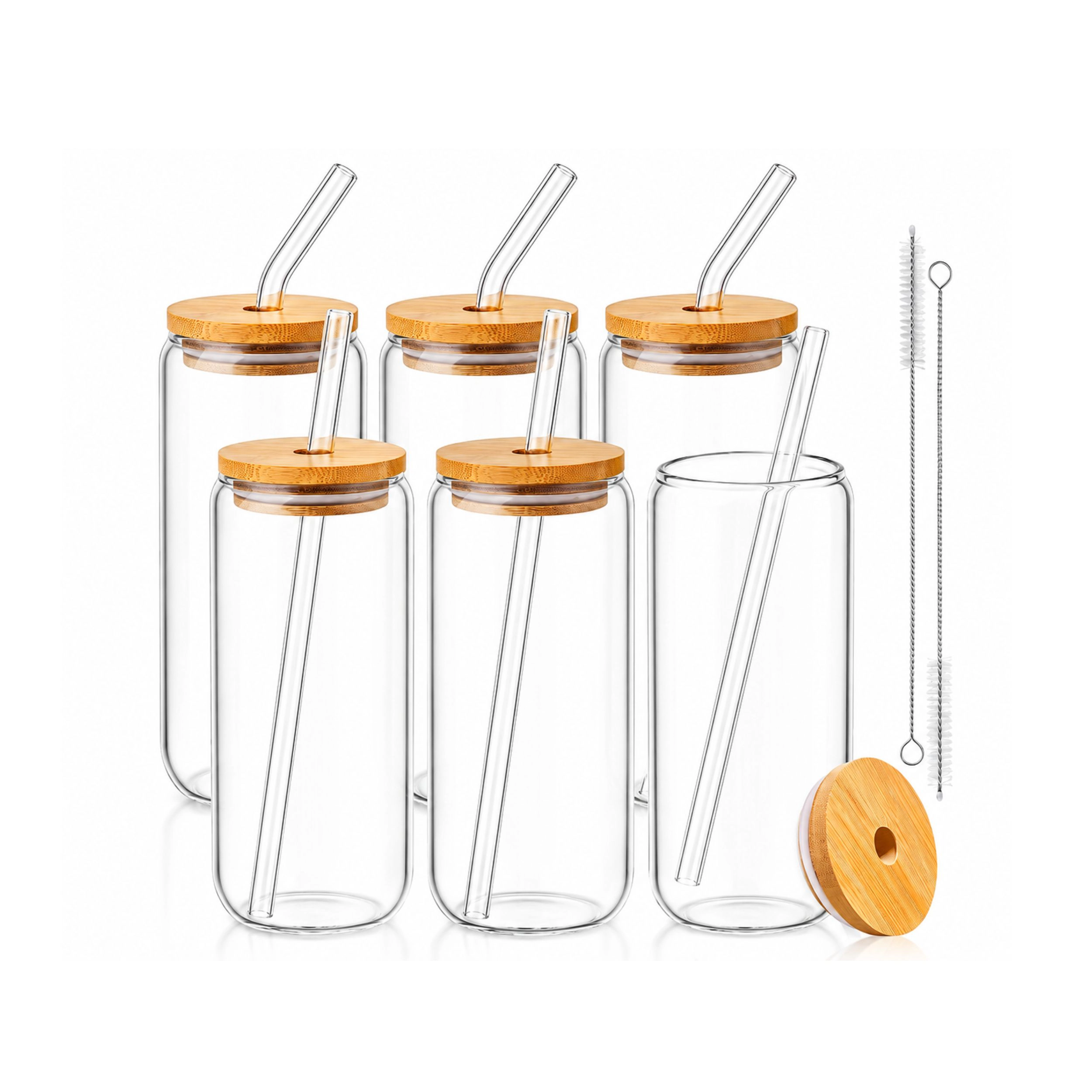 Stock Preferred Pack of 6 Clear Drinking Glasses with Bamboo Lids and Straws 20 Oz