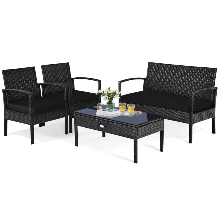 Hivvago 4Pcs Outdoor Rattan Patio Furniture Set W/ Cushions, Loveseat, Chairs & Table