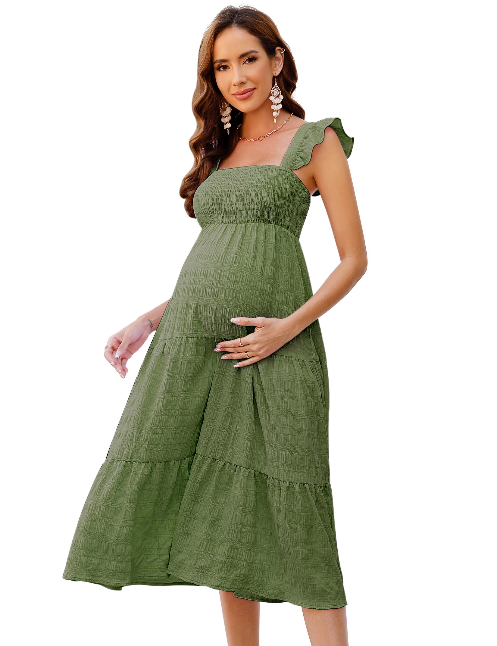 KOJOOIN Women Maternity Dress Smocked Tiered Floral Flowy Pregnancy for Photoshoot