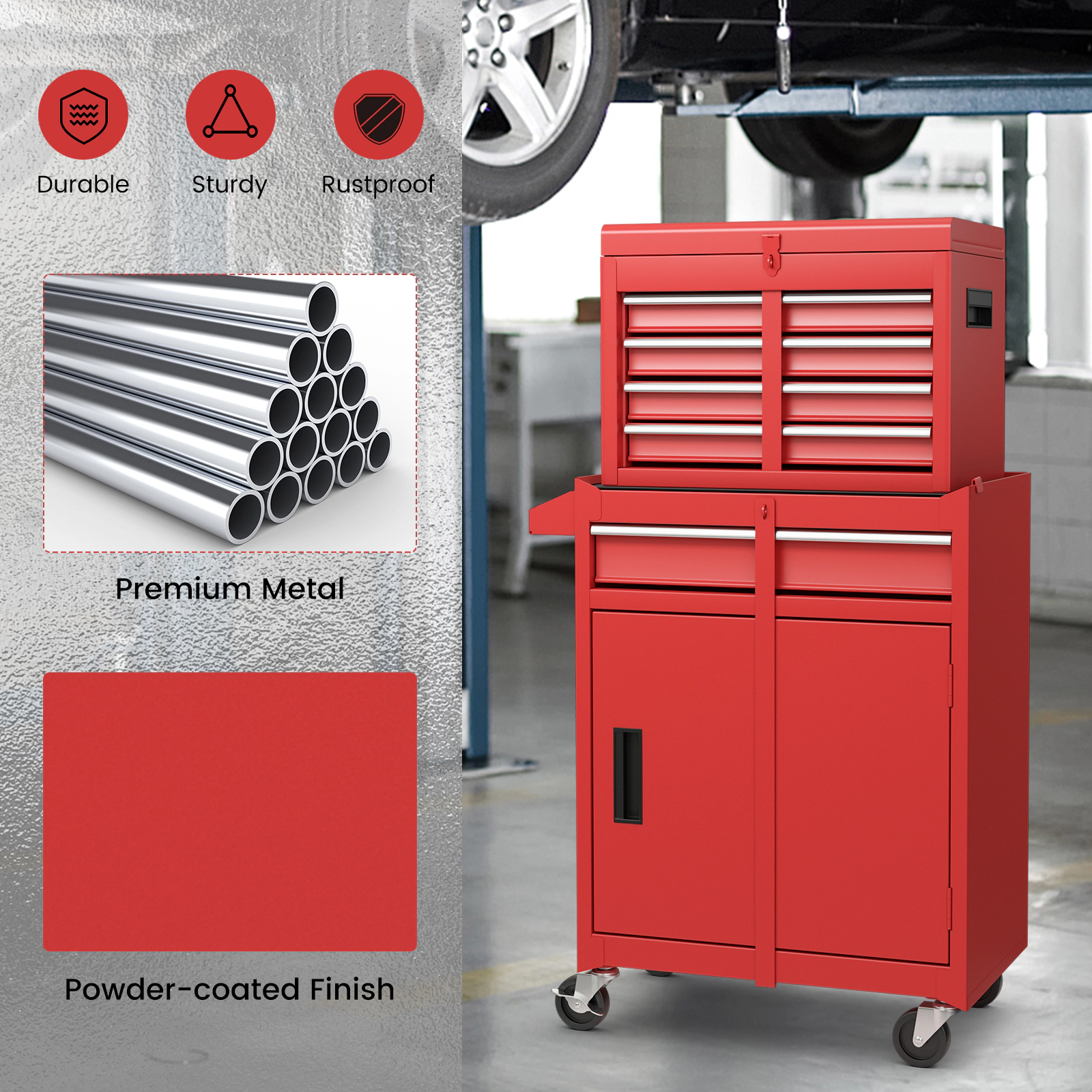 SUGIFT 2-in-1 220.5-lb Capacity Rolling Steel Tool Chest and Cabinet with 5 Sliding Drawers and 4 Hooks