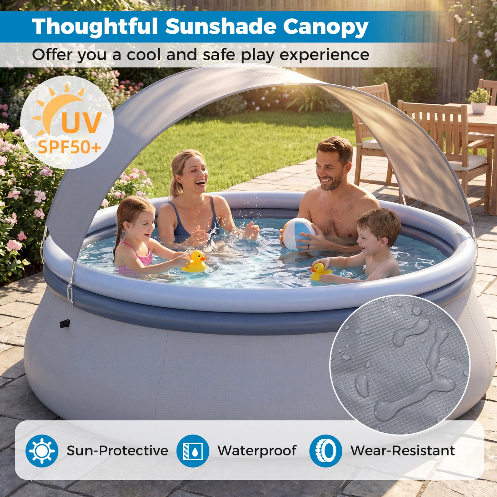 SUGIFT 94.5-in 661-lb Capacity Blue Round Inflatable Above Ground Swimming Pool with UPF 50+ Sunshade Canopy