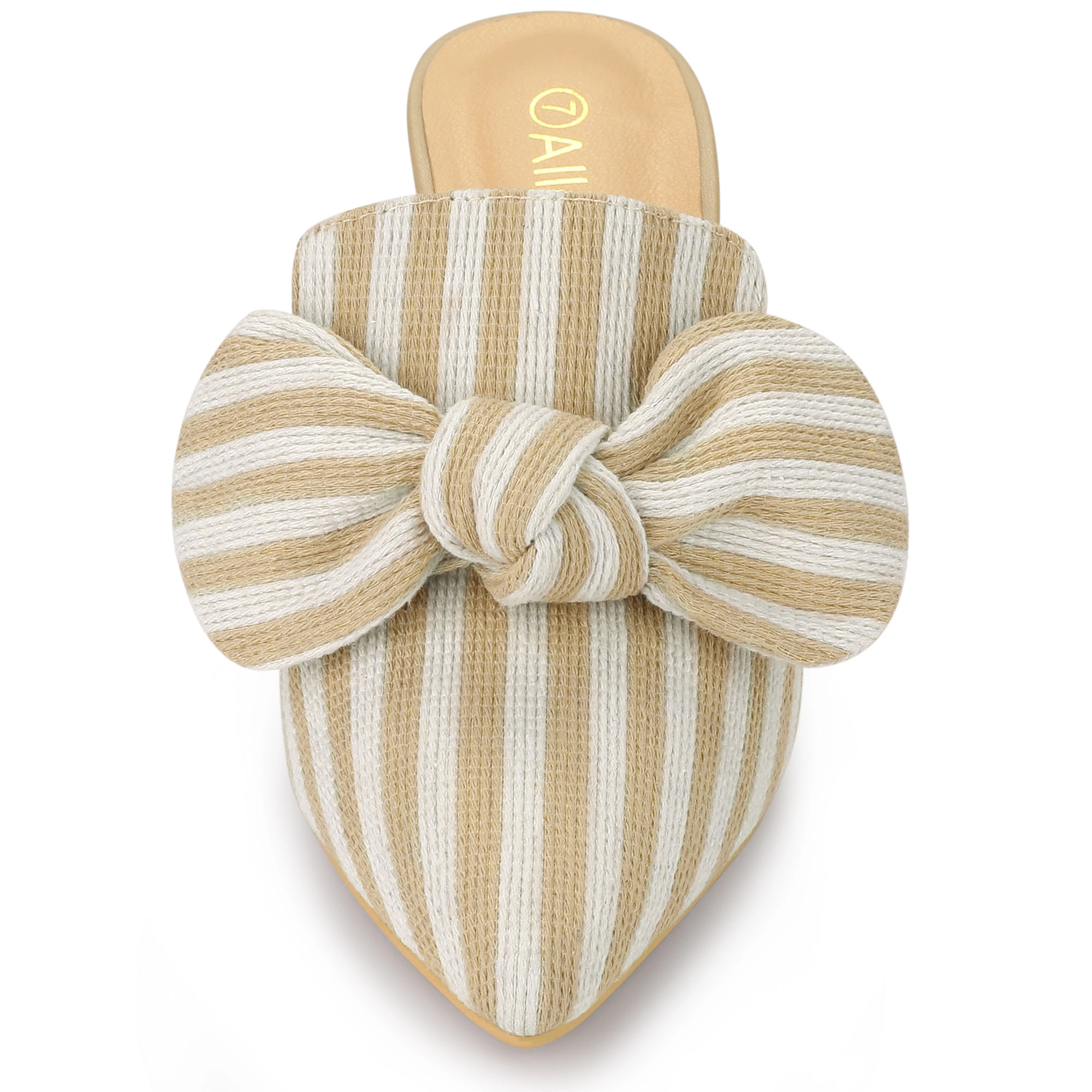 BLISSFUL STEP Women's Stripe Bow Pointed Toe Chunky Heel Slip On Mules