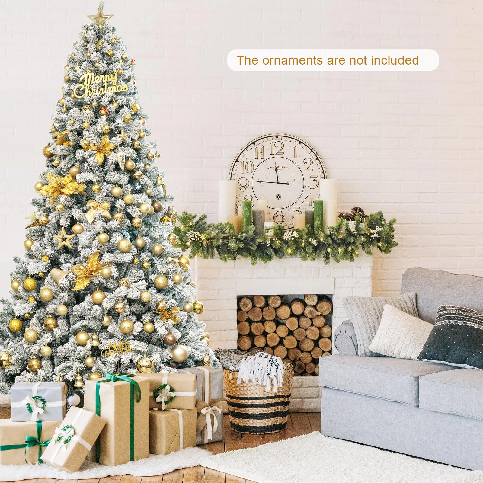 Glintex 9-Ft Pre-Lit Snow Flocked Christmas Tree with 550 LED Lights, White