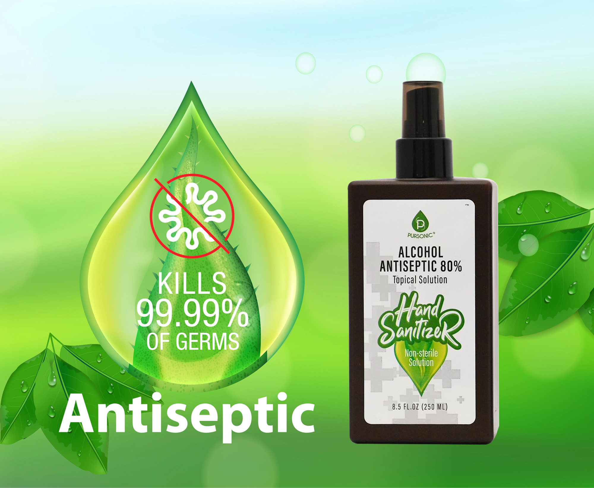 Pursonic Unisex Moisturizing 80% Alcohol Hand Sanitizer with Pump Dispenser