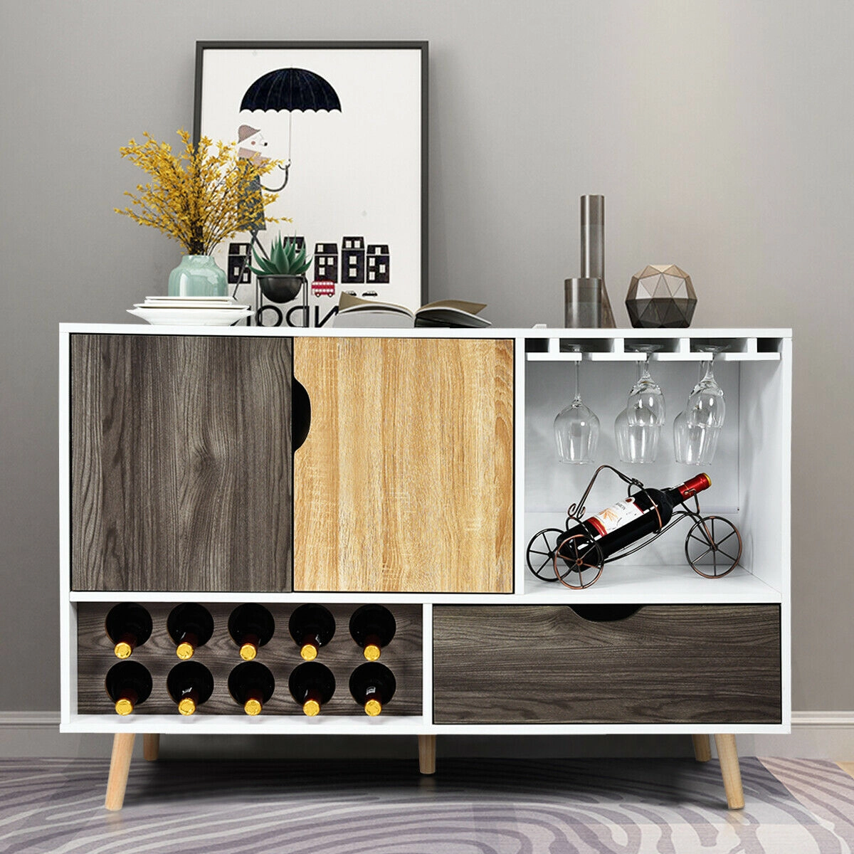 SUGIFT 47.5-in 110-lb Capacity Mid-Century Wooden Buffet Sideboard with 10-Bottle Wine Rack and Glass Holder