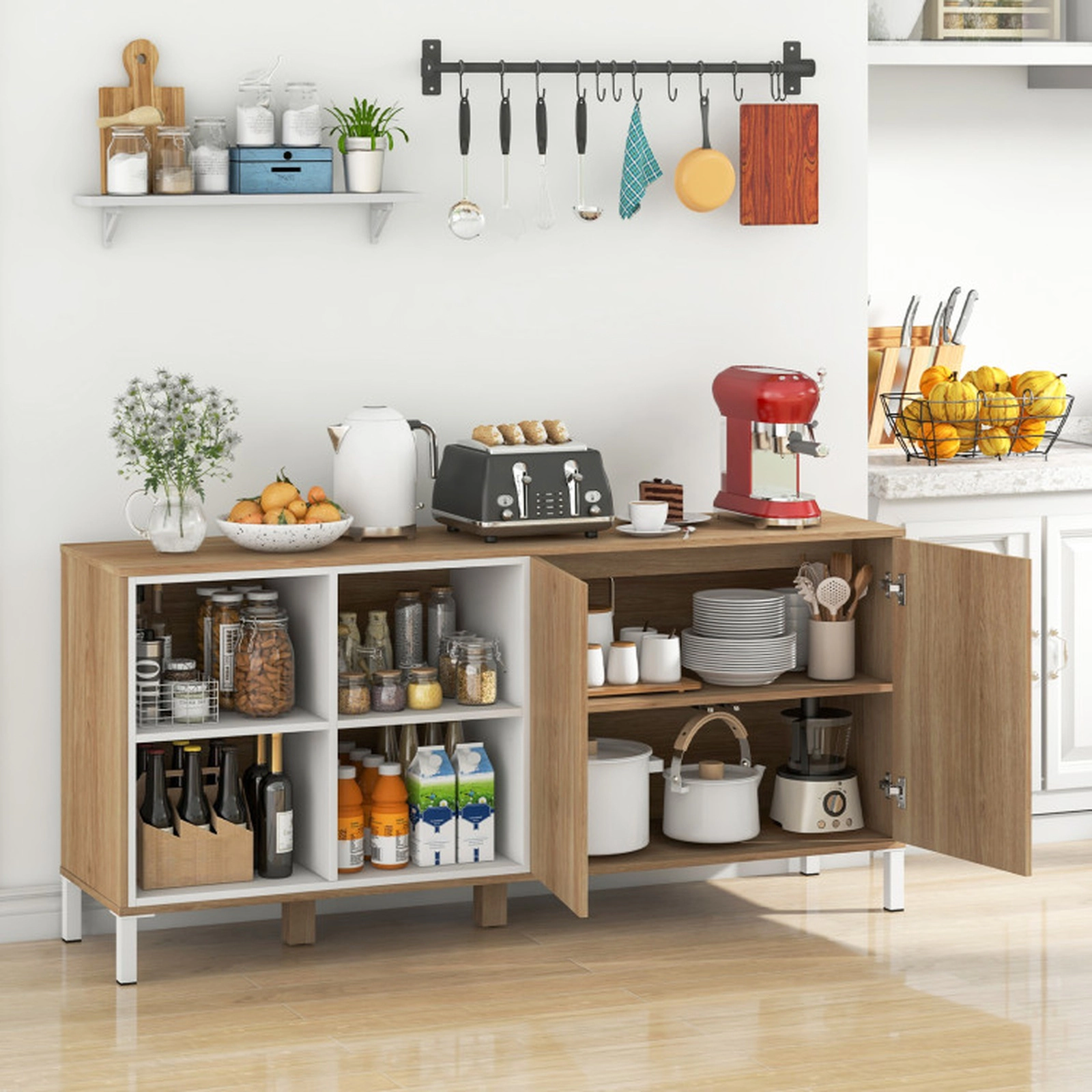 SUGIFT 4-Cube Push-to-Open Doors Adjustable Shelf Buffet Sideboard 63-in x 16-in x 29.5-in 105-lb Net Weight Natural