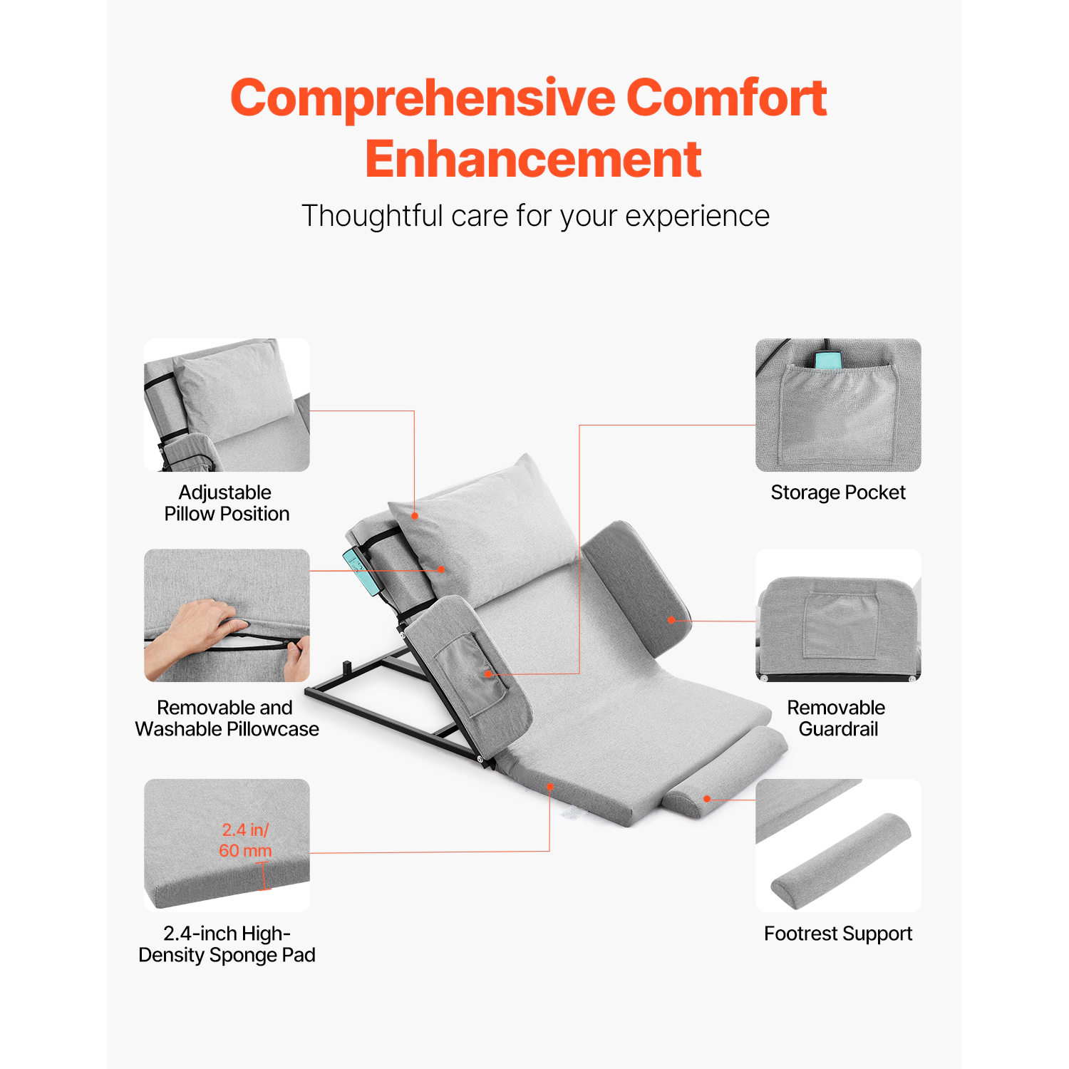 HONGGE Electric Lifting Backrest for Bed, 300 lbs Capacity, 4-68° Adjustable Bed Backrest, with Guardrail