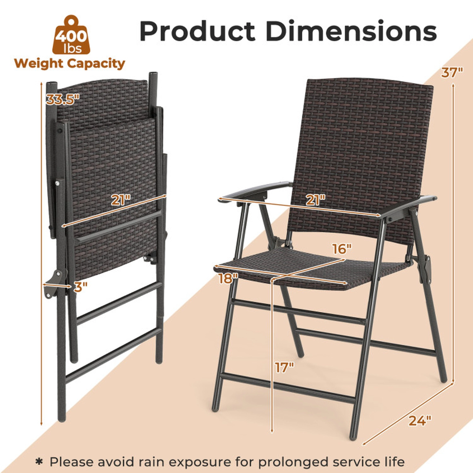 SUGIFT Set of 2 Folding PE Wicker Metal Frame Patio Dining Chairs 24-in x 21-in x 37-in 400-lb Capacity Mixed Brown