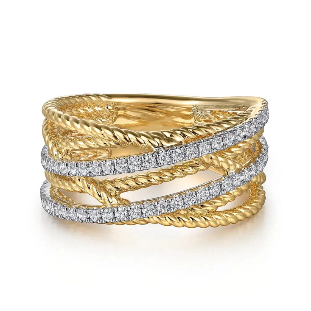 Fashion Two Tone Zirconia Multilayer Intertwined Wide Ring