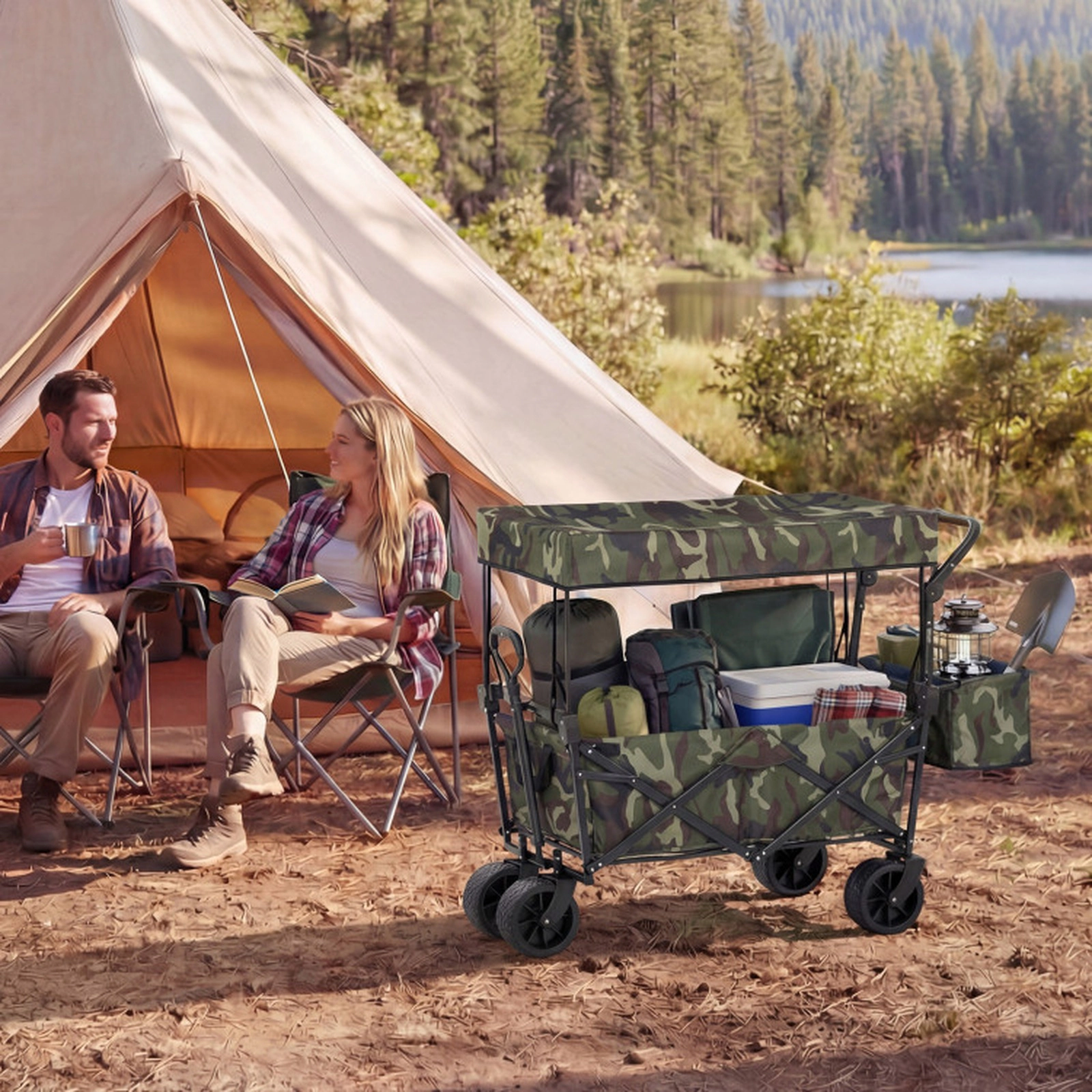 SUGIFT Camouflage Collapsible Wagon with Removable Canopy and Storage Bag 46-in W 38-in H 150-lb Load Capacity