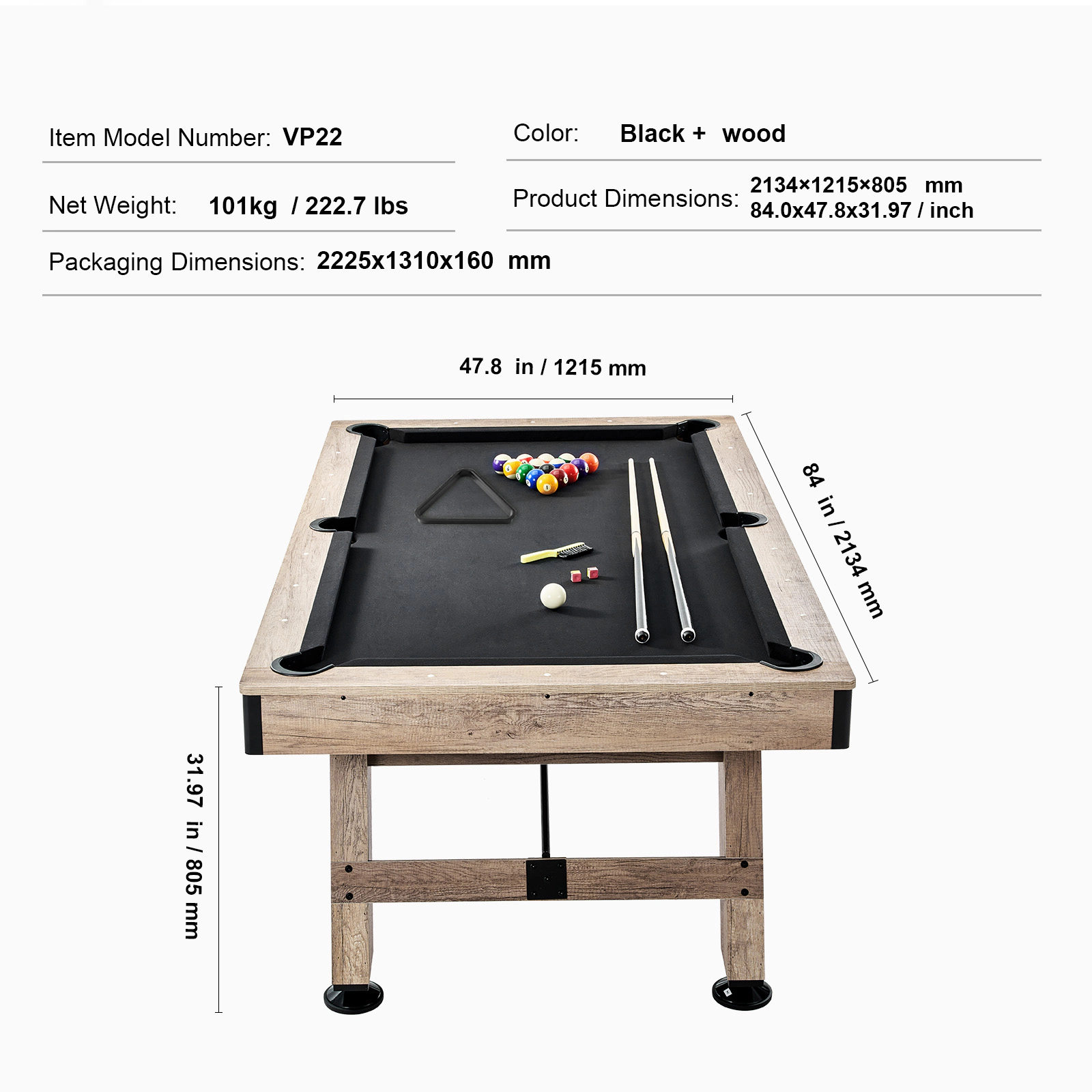 HONGGE 7 FT Pool Table with Adjustable Legs, Balls, Cues & Chalk Set Included, Wood Color Billiards Table