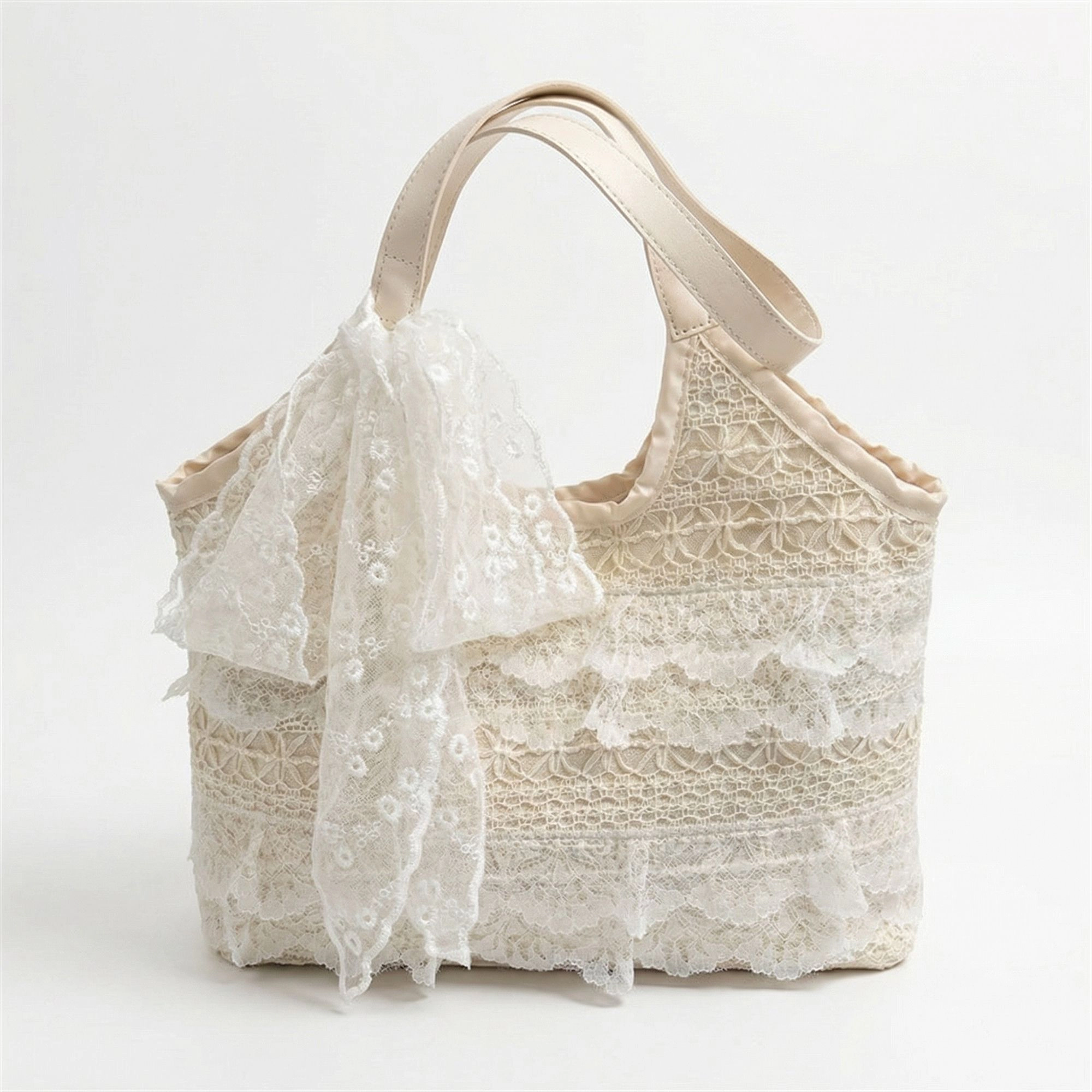 Alilang Women Lace Shoulder Tote Bag with Bow Detail Soft Structured Handbag, White