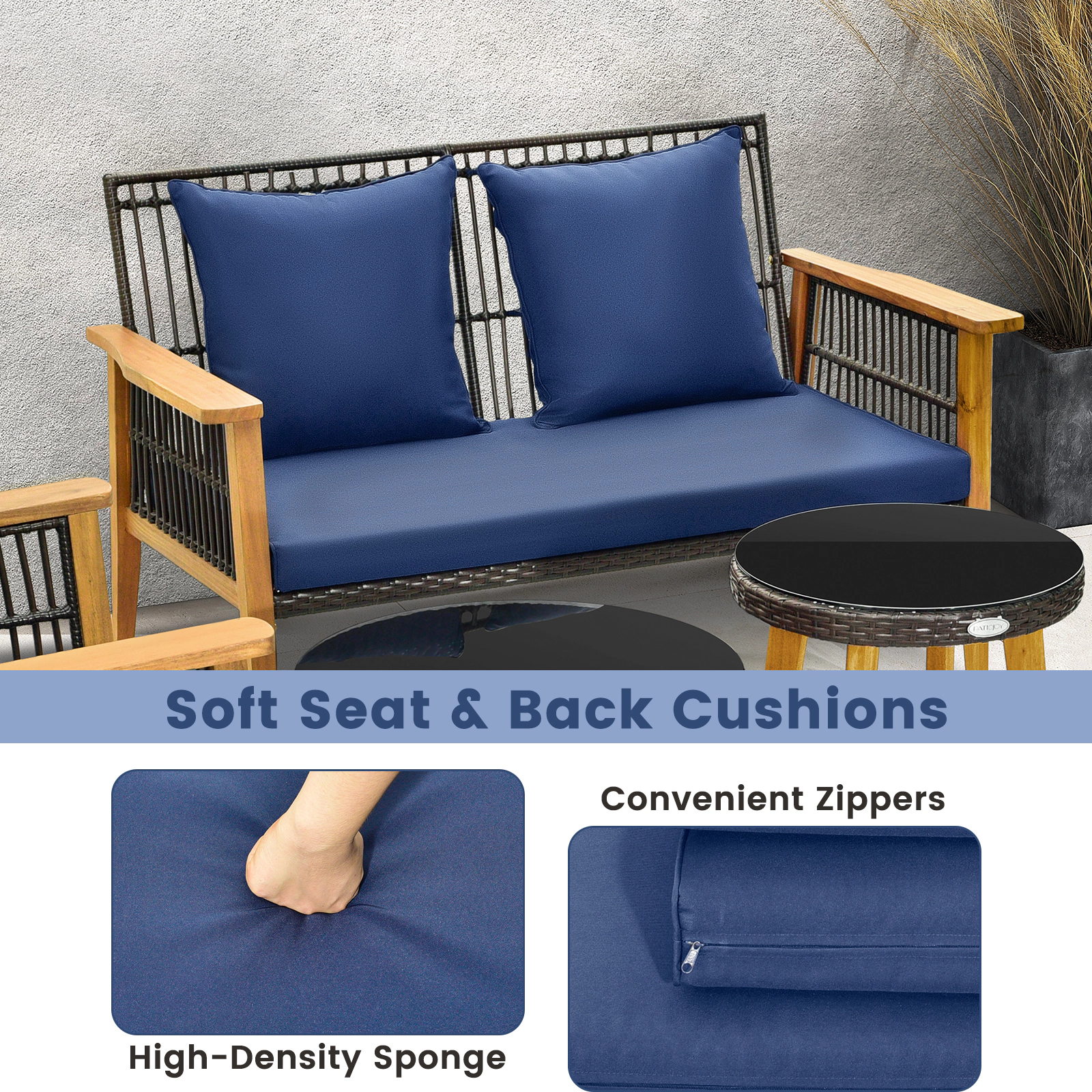 SUGIFT Navy Acacia Wood Frame Ottomans and 2 Tables 7-Piece Outdoor Conversation Set